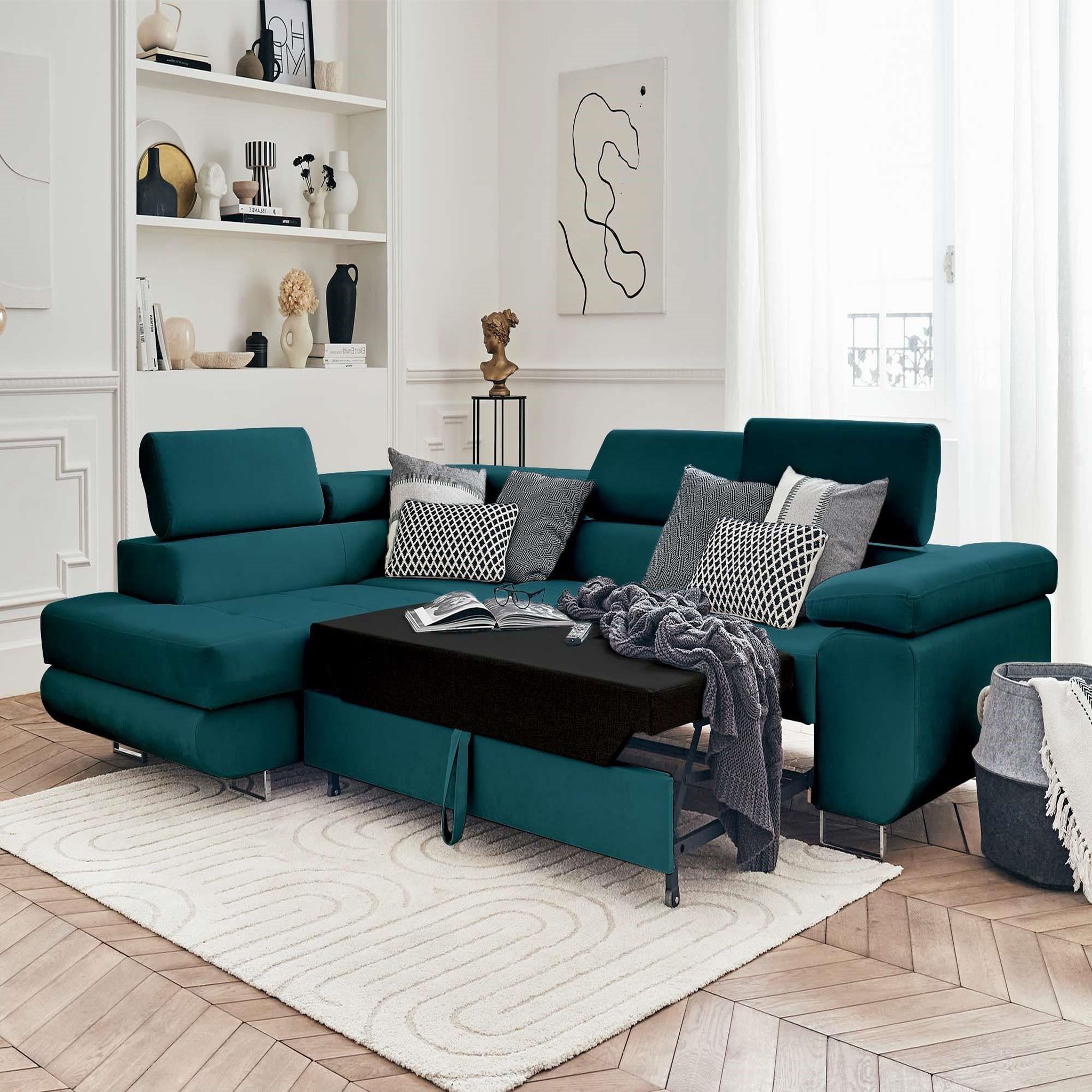 Voir la diapositive 2 : BEST MOBILIER Pablo - canapé d'angle gauche - 5 places - convertible avec coffre et têtières réglables - en velours