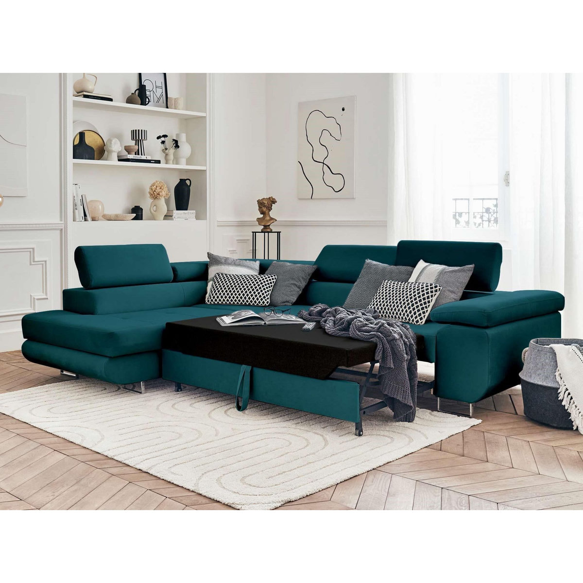 BEST MOBILIER Pablo - canapé d'angle gauche - 5 places - convertible avec coffre et têtières réglables - en velours