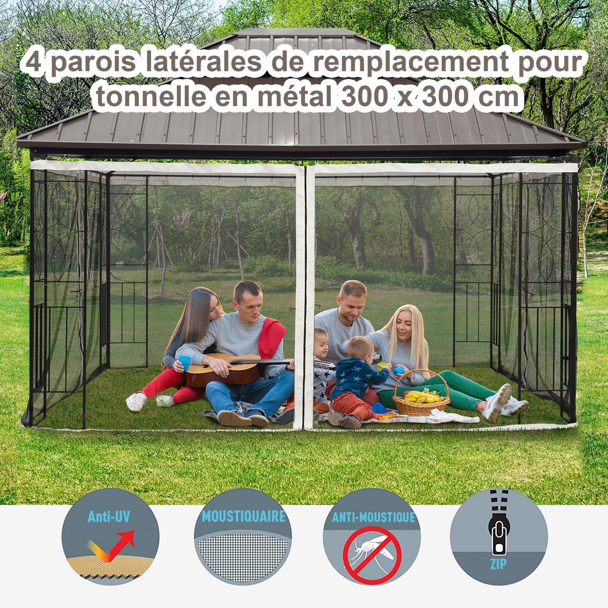 OUTSUNNY Moustiquaires pour tonnelle barnum pavillon de jardin 3 x 3 m - lot de 4 moustiquaires zippées + crochets d'attaches - polyester nylon