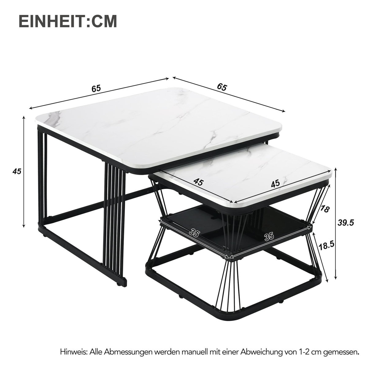 MERAX Table basse gigogne rectangulaire blanc+noir - 65x65 cm mdf