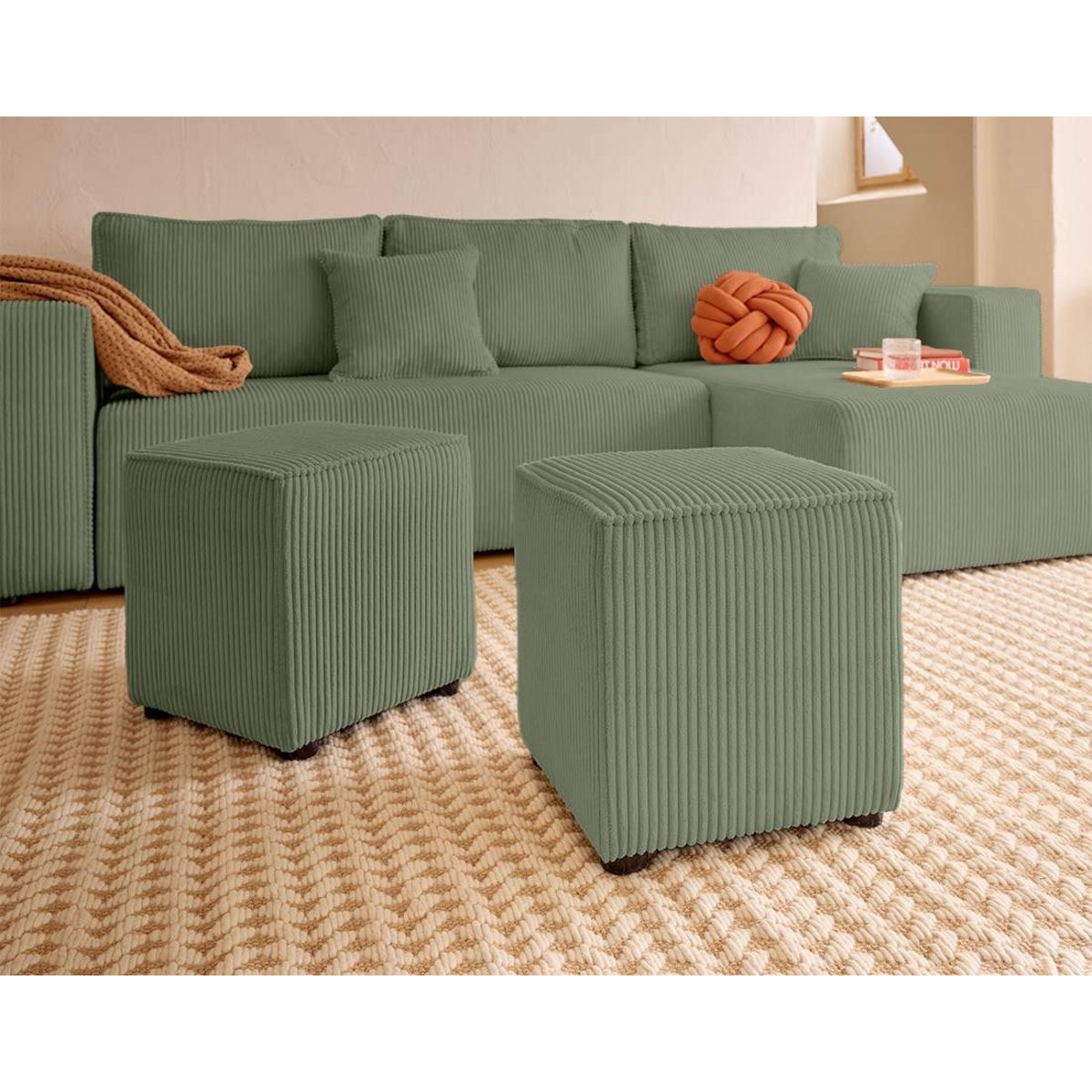 BEST MOBILIER Topaze - canapé d'angle réversible 4 places - convertible avec coffre, tablette et poufs - en velours côtelé