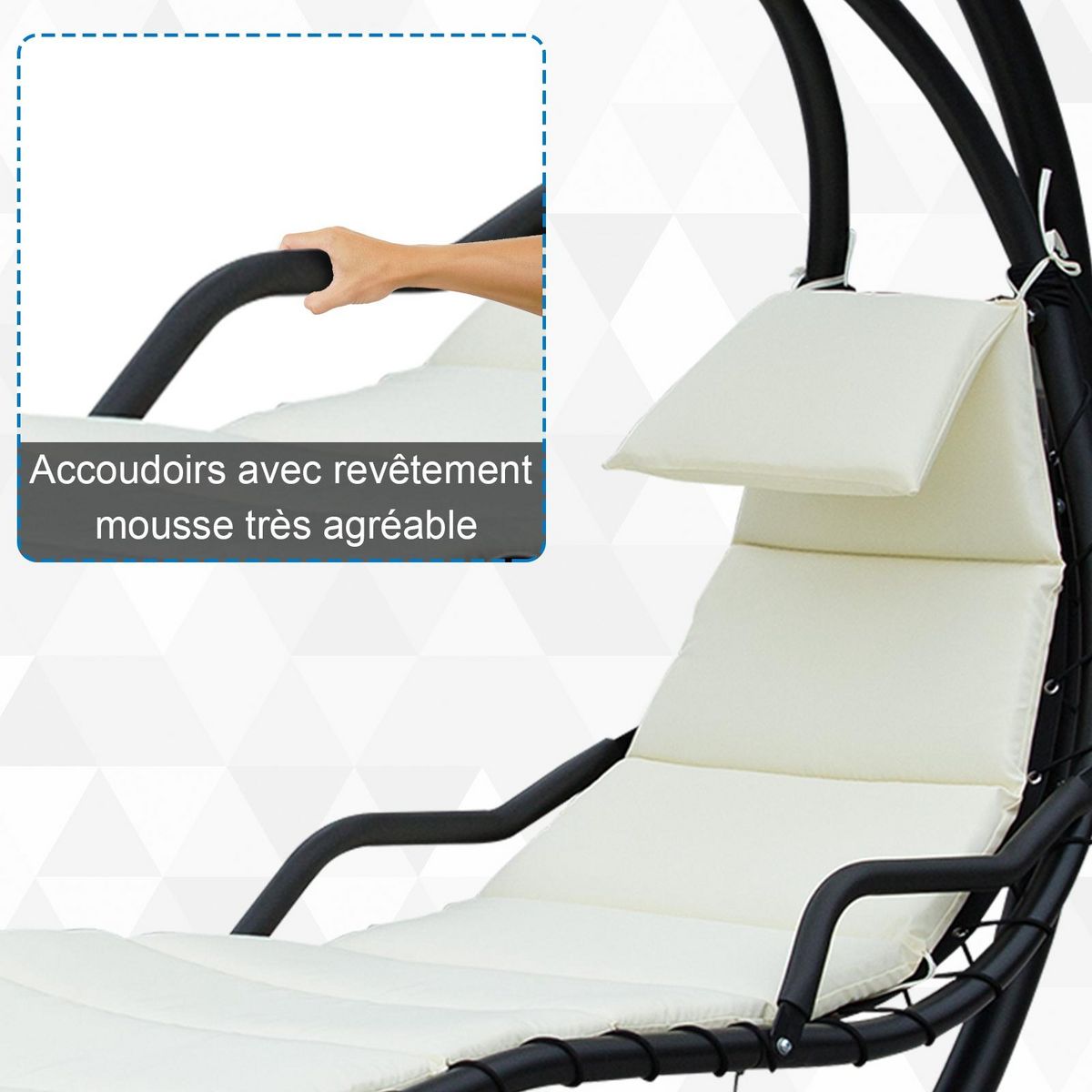 OUTSUNNY Bain de soleil transat suspendu avec pare-soleil et matelas design contemporain 190L x 115l x 190H cm acier polyester crème noir