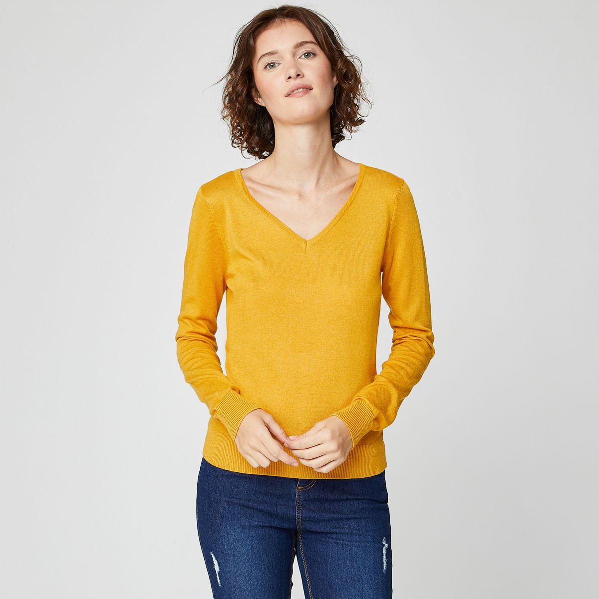 INEXTENSO Pull col v jaune moutarde femme