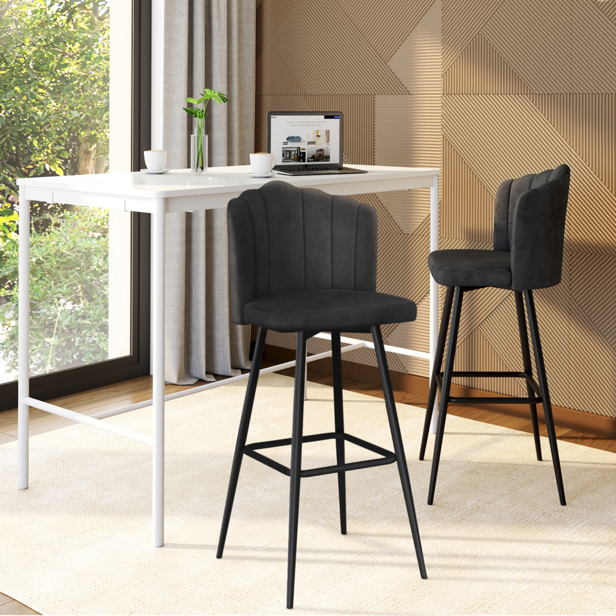 ID MARKET Lot de 2 tabourets de bar coquillage ADELLA gris anthracite en velours pieds noirs