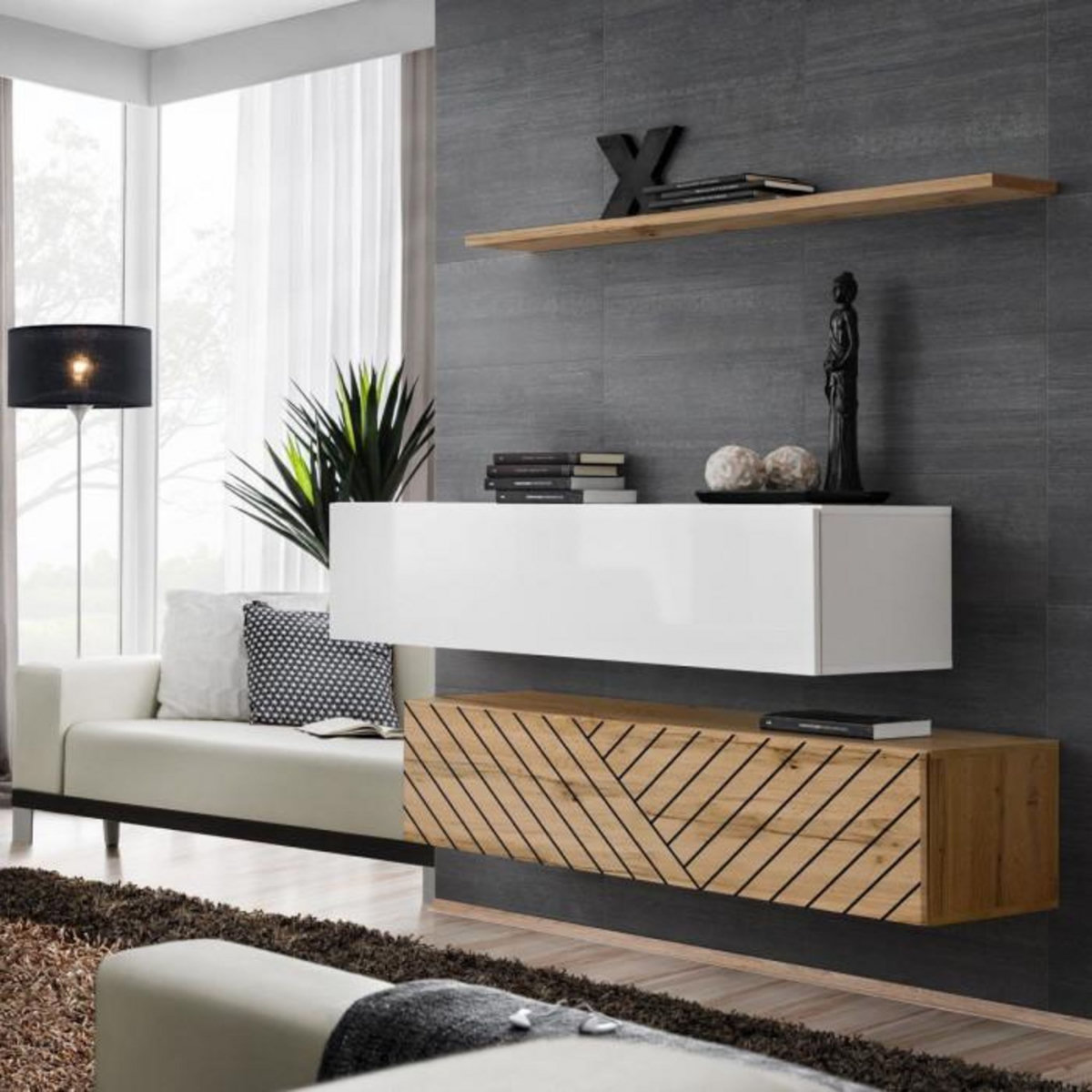 Paris Prix Lot de 2 Bancs Muraux & Étagère  Switch SBII  130cm Naturel Rainuré & Blanc