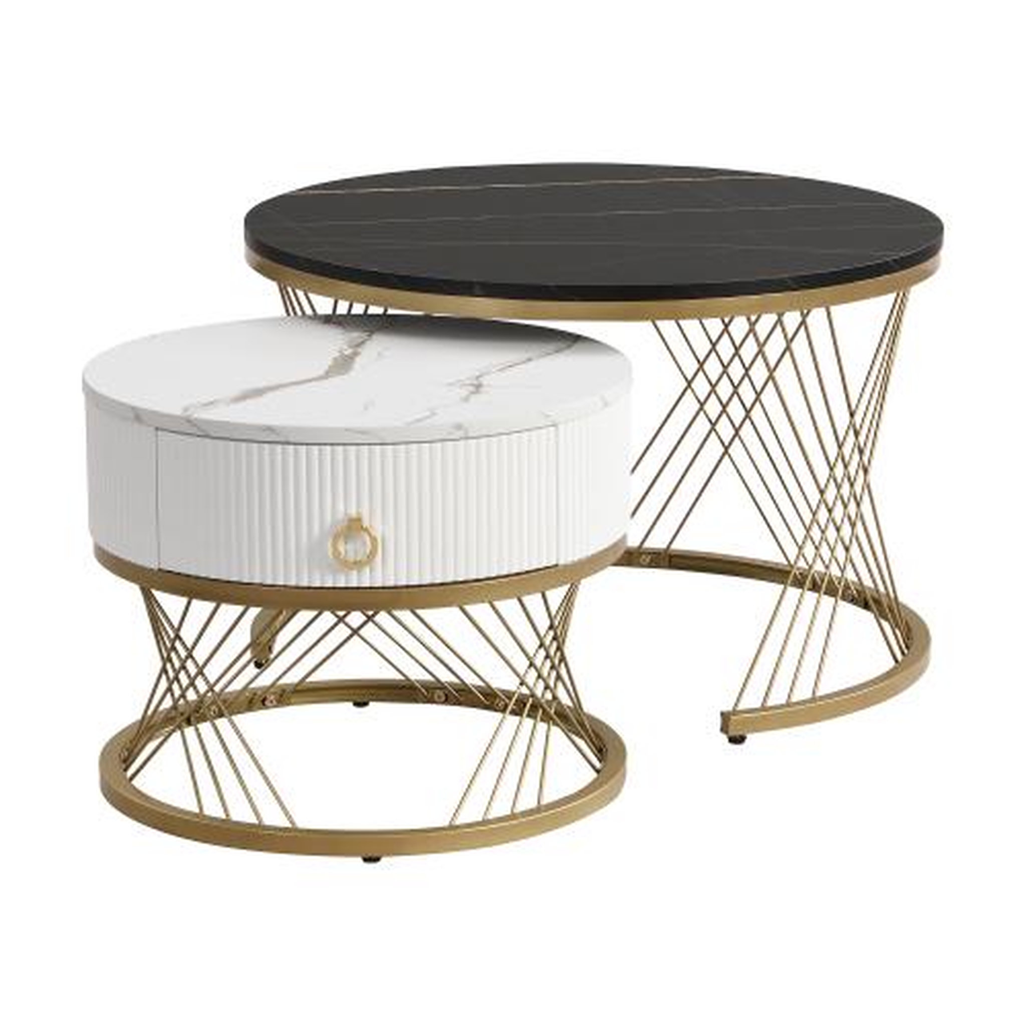 Voir la diapositive 5 : MERAX Lot De 2 Tables Basses Gigognes Rondes 50/70cm Avec 1 Tiroir