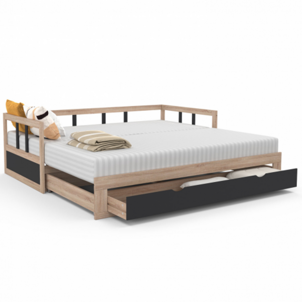 ID MARKET Lit banquette 90 x 190 cm ZOYA convertible 180 x 190 cm hêtre et noir avec 1 tiroir de rangement