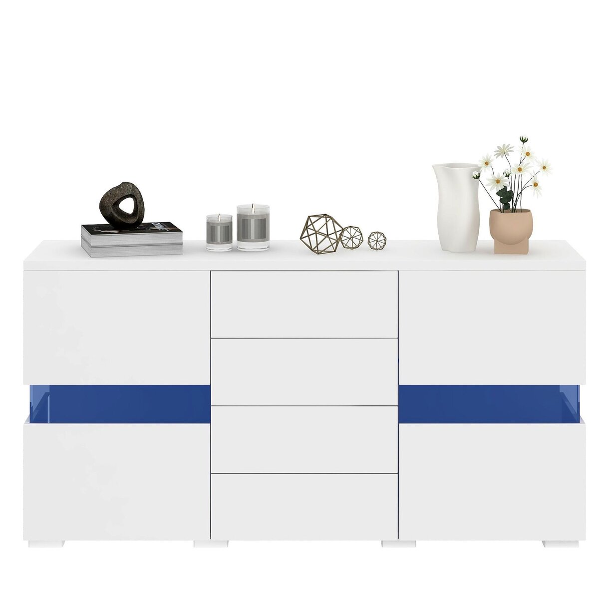 MERAX Buffet 2 porte(s) 4 tiroir(s) - 145 cm blanc led mdf