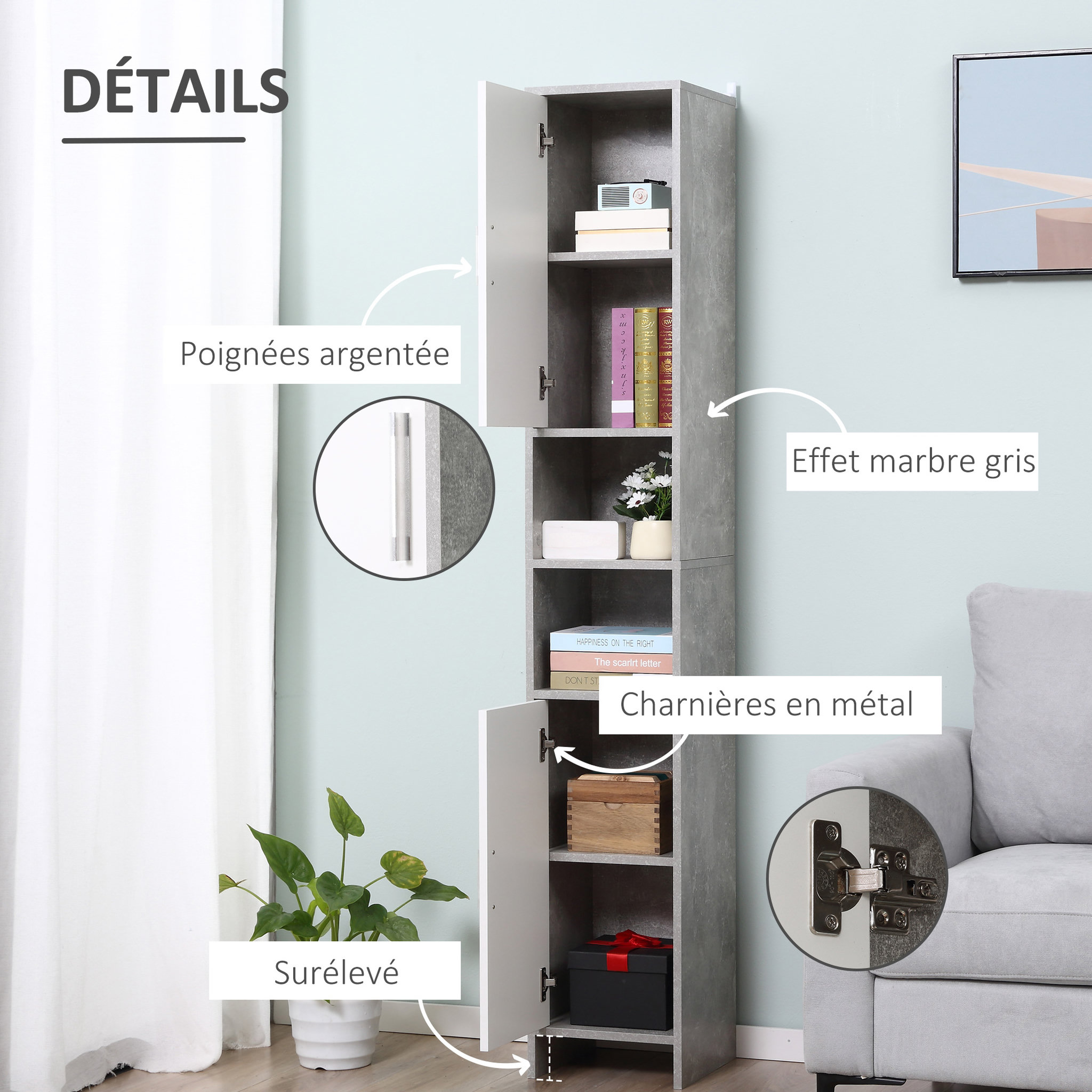 Voir la diapositive 5 : KLEANKIN Meuble colonne rangement salle de bain dim. 30L x 30l x 180H cm 2 placards avec étagère + 2 niches panneaux particules aspect ciment blanc