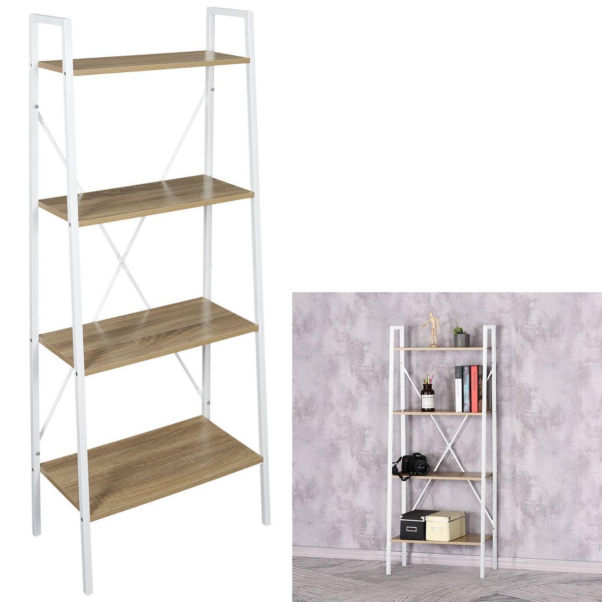 The Home Deco Factory Etagère large à 4 planches en bois et métal - L. 60 x H. 148 cm. - Blanc