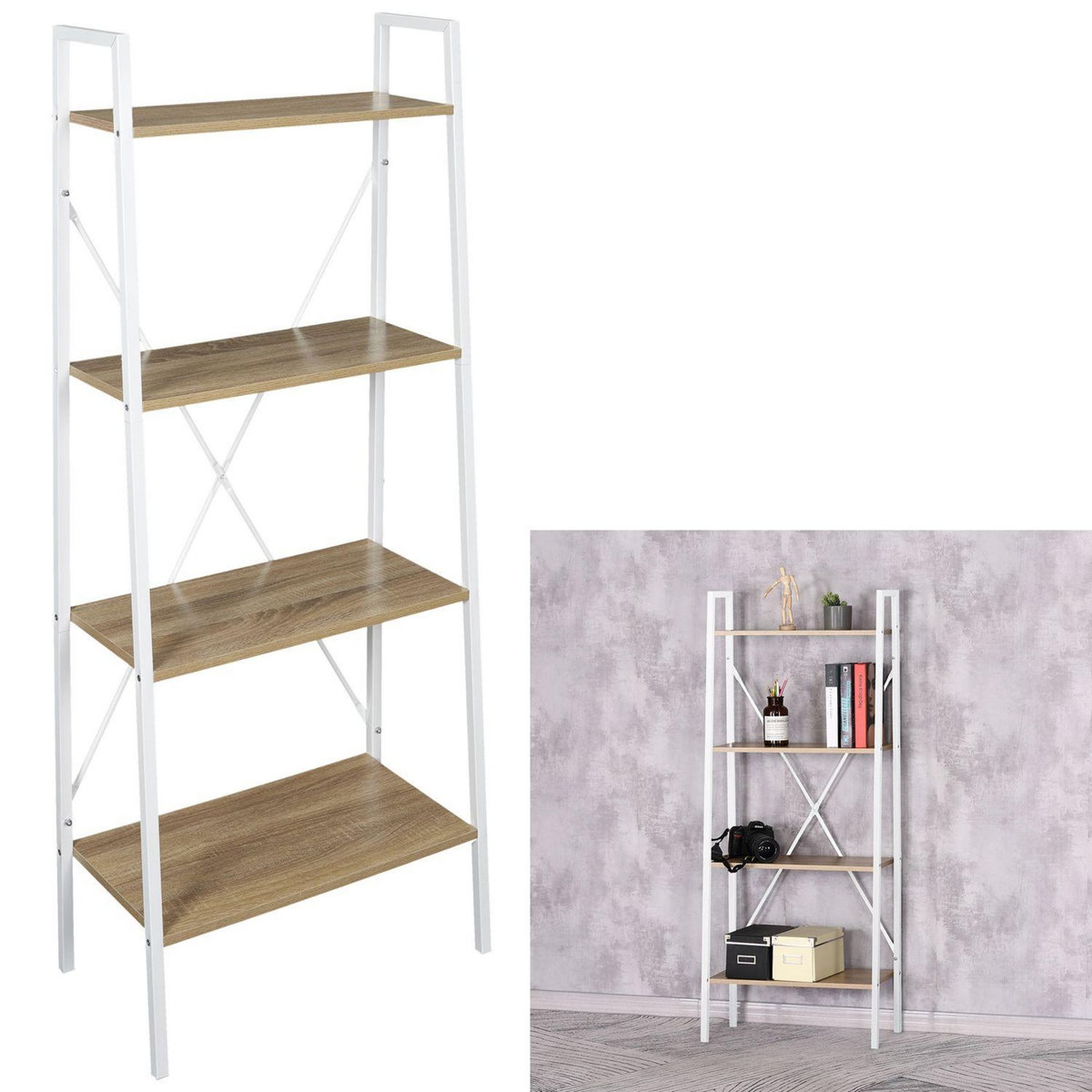 The Home Deco Factory Etagère large à 4 planches en bois et métal - L. 60 x H. 148 cm. - Blanc