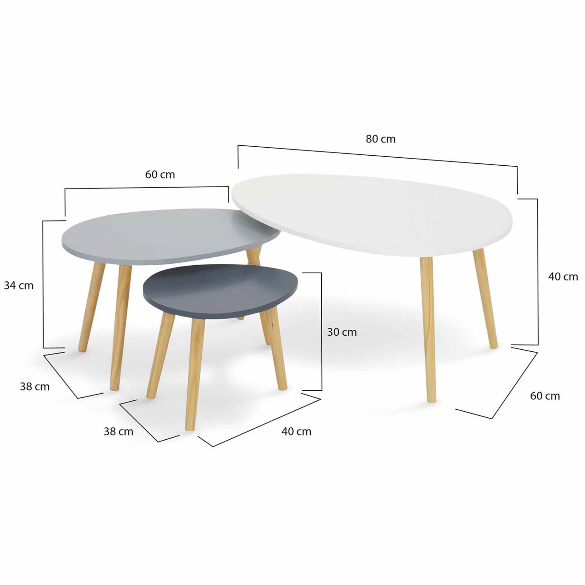 Voir la diapositive 4 : ID MARKET Lot de 3 tables basses gigognes gaia blanc gris scandinave