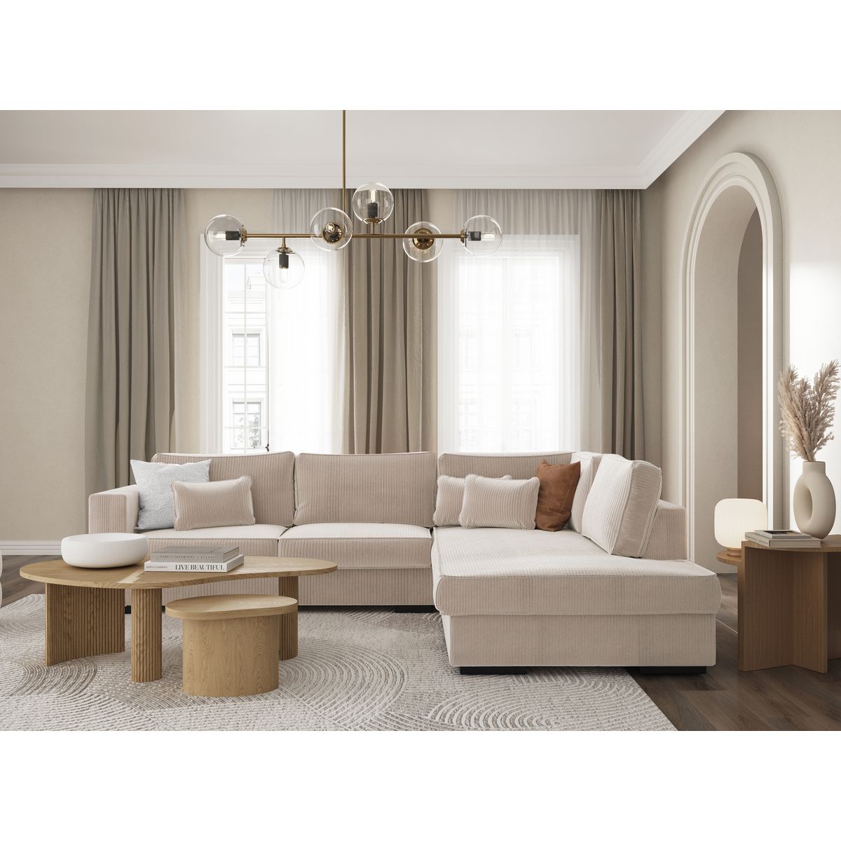 Canapé d'angle droit 4 places velours cotelé PENELOPE