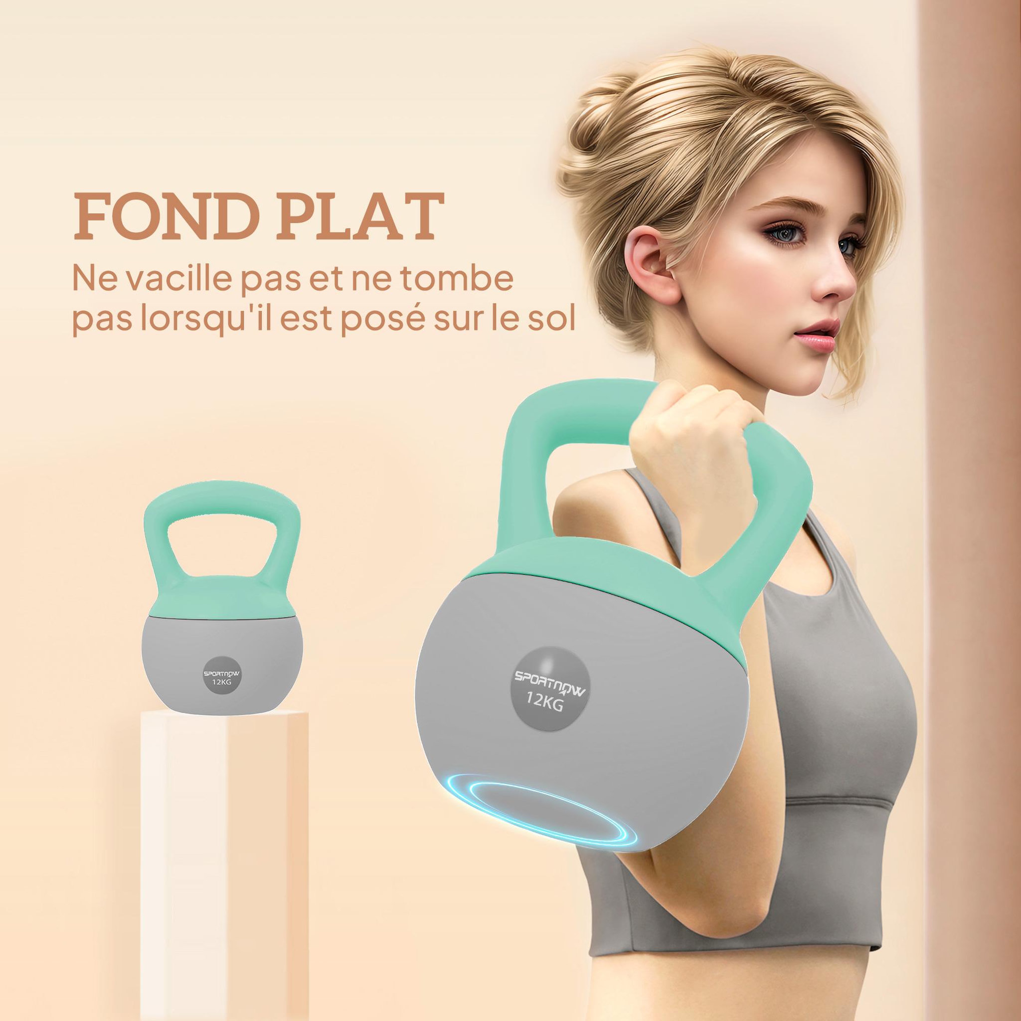 Voir la diapositive 6 : HOMCOM Kettlebell 12 kg - prise ergonomique - entraînement musculaire & haltérophilie - pvc gris vert d'eau