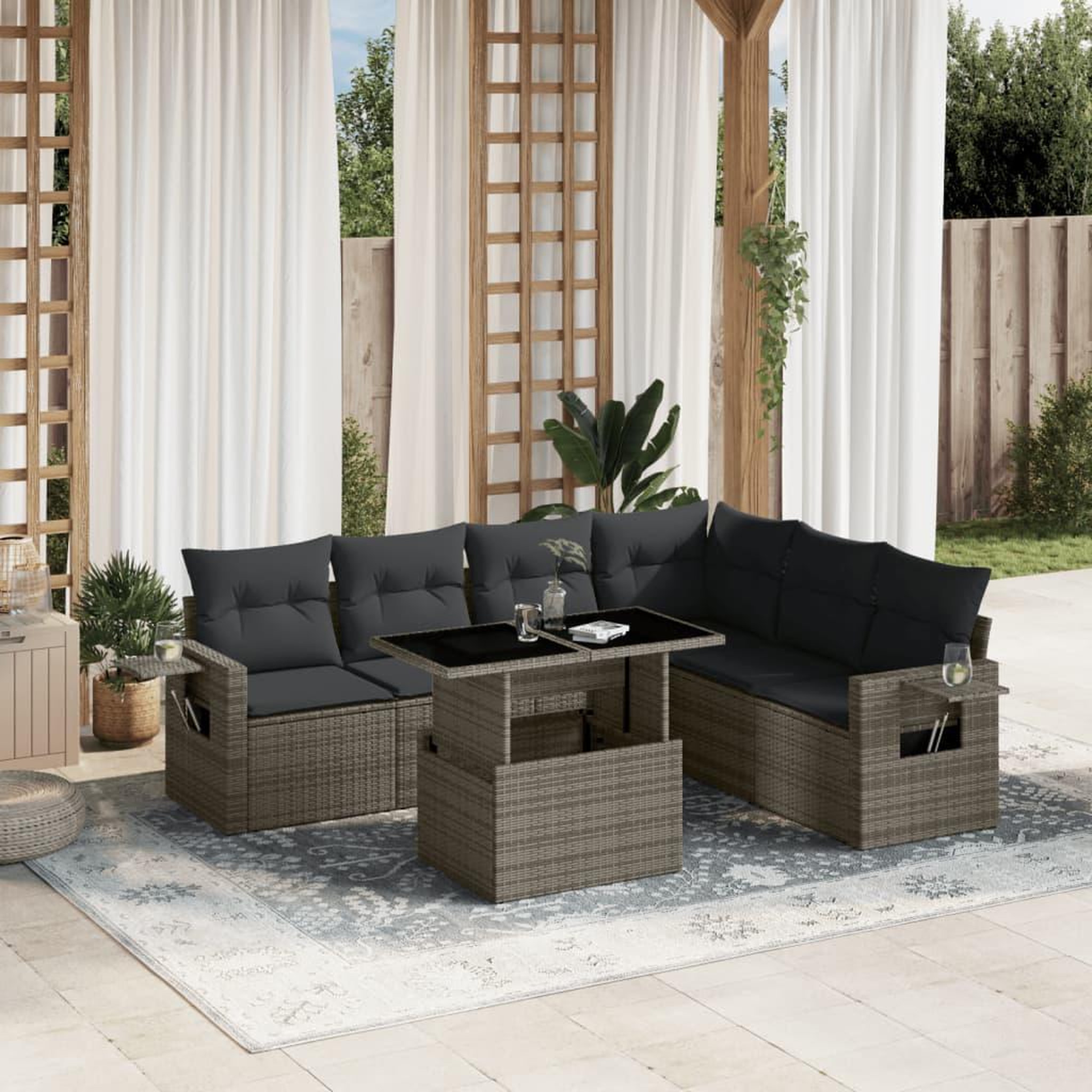 VIDAXL Salon de jardin avec coussins 7 pcs gris resine tressee