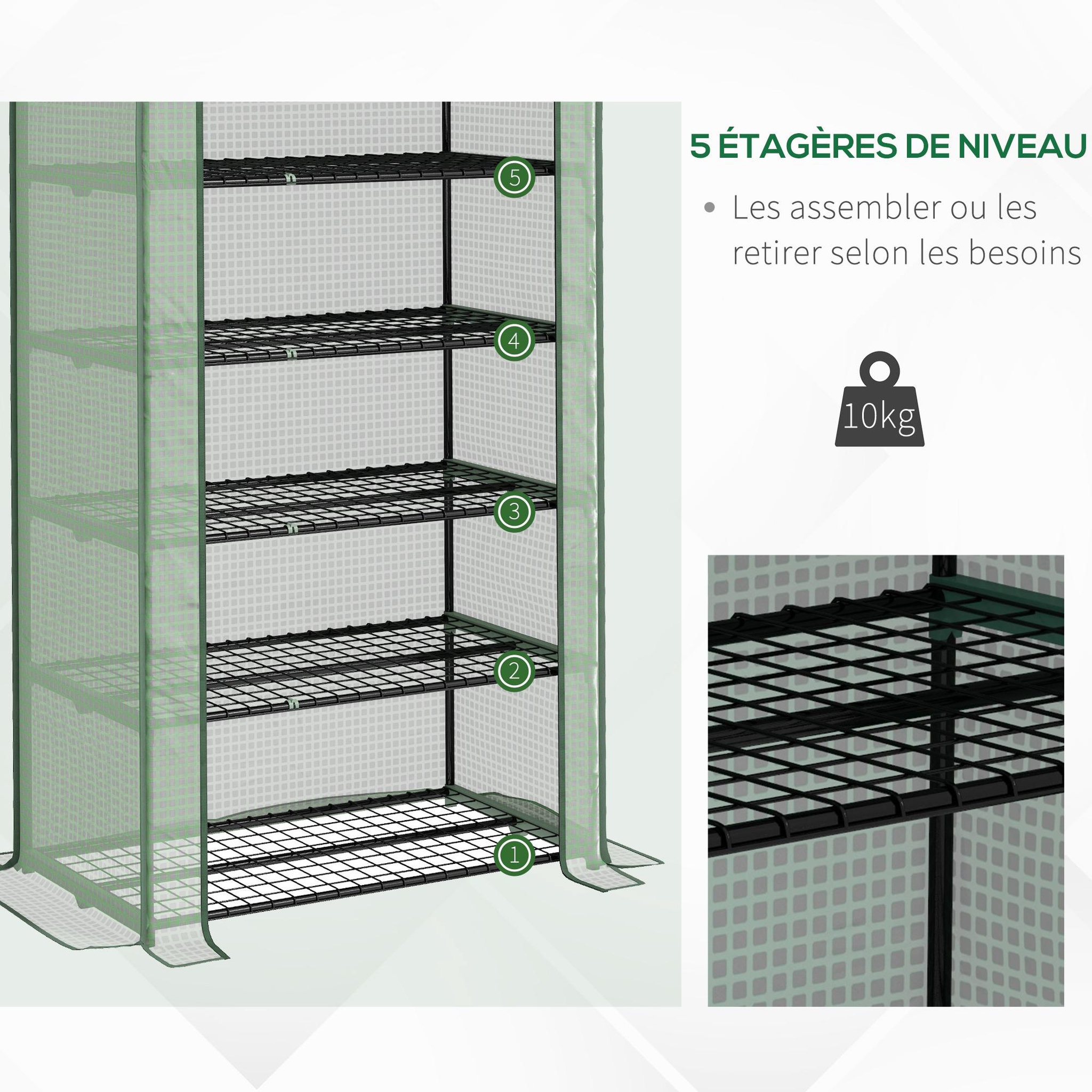 Voir la diapositive 5 : OUTSUNNY Serre de jardin balcon 5 niveaux porte acier pe vert