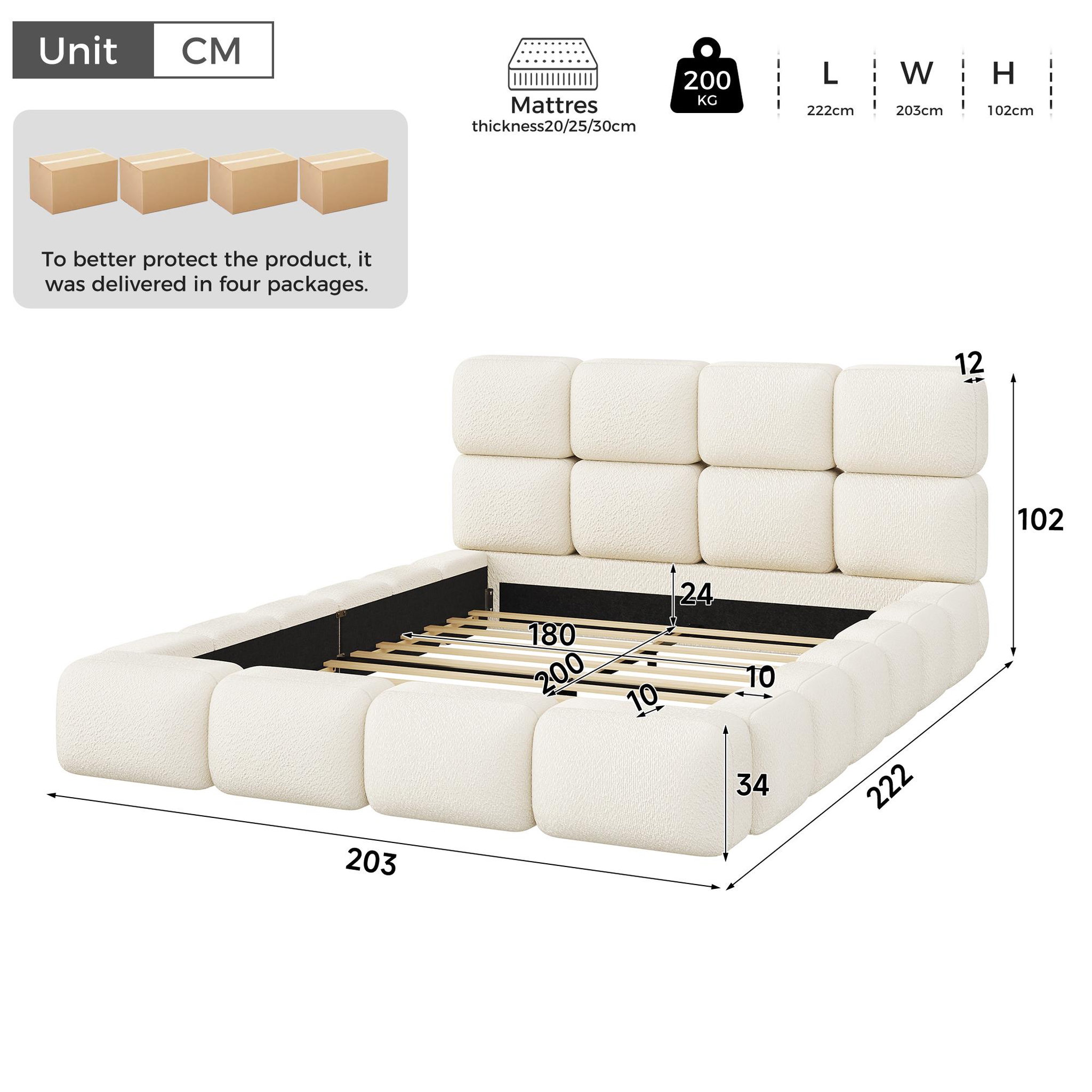 Voir la diapositive 3 : MERAX Lit double design bouclé avec tête de lit rembourrée et sommier