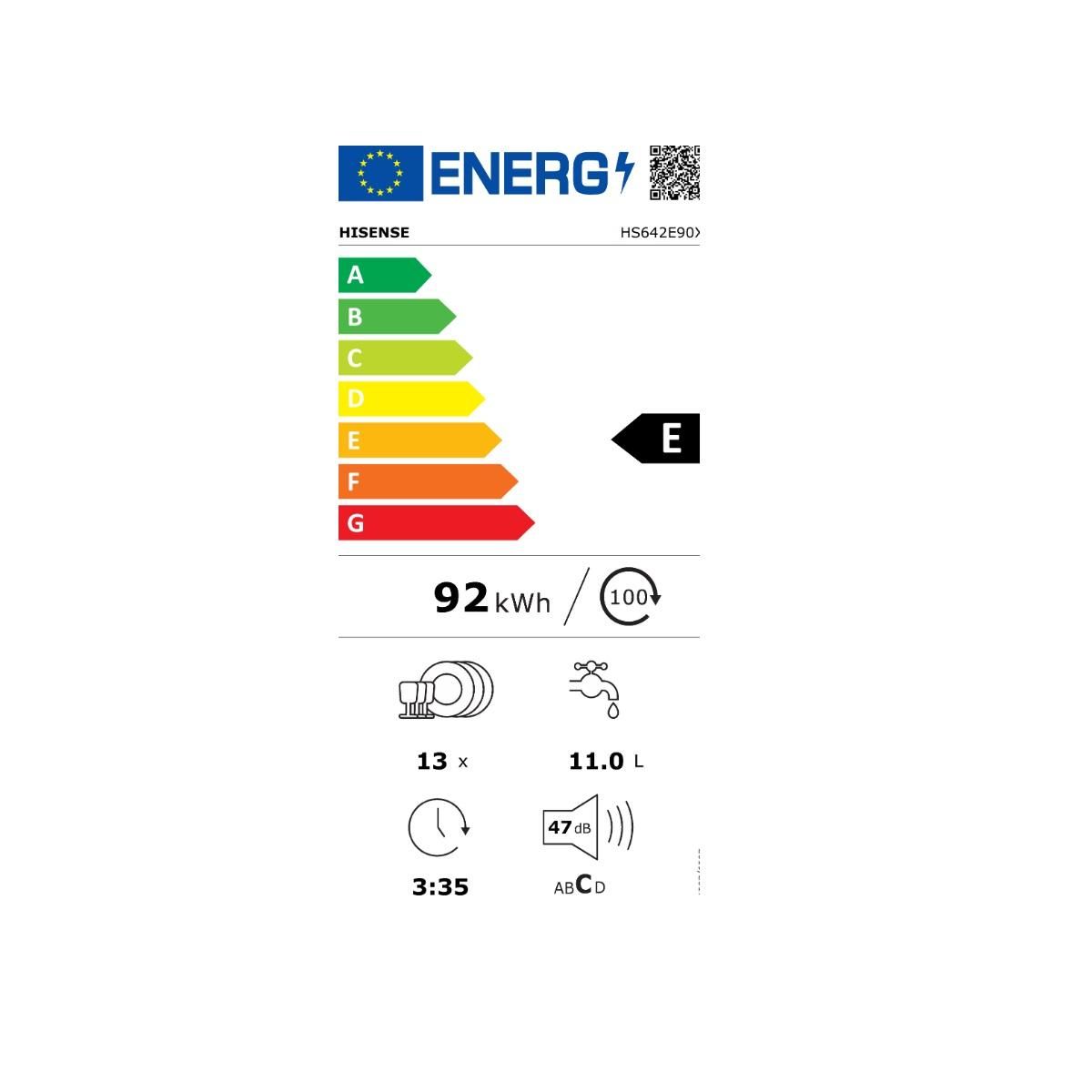 Hisense Lave-vaisselle 60cm 13 couverts 47db inox - HS642E90X