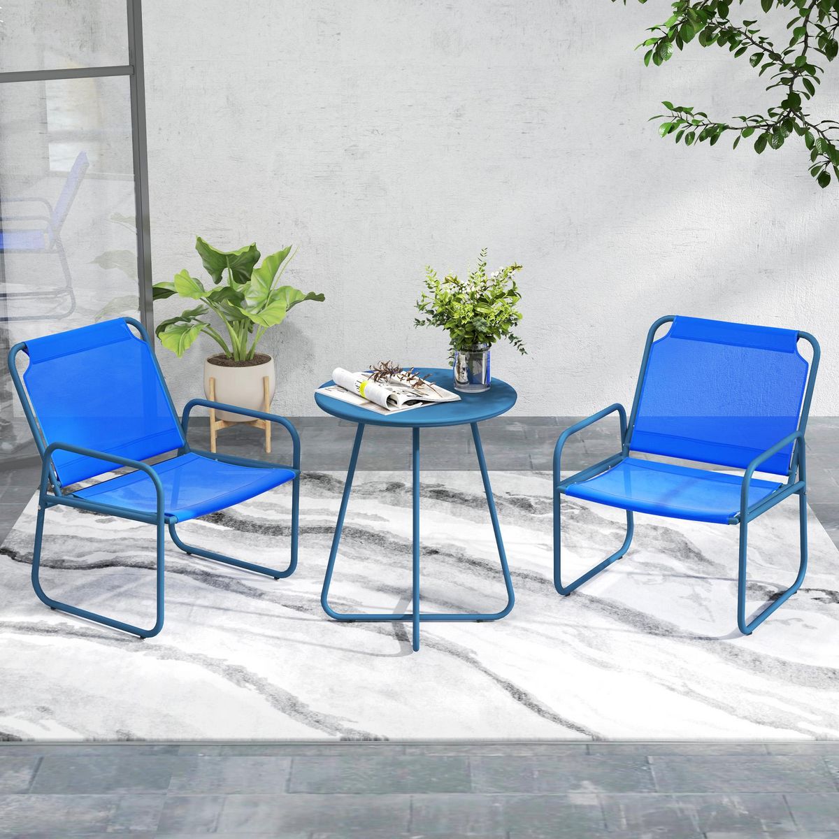OUTSUNNY Ensemble salon de jardin 3 pcs 2 fauteuils et table ronde bleu