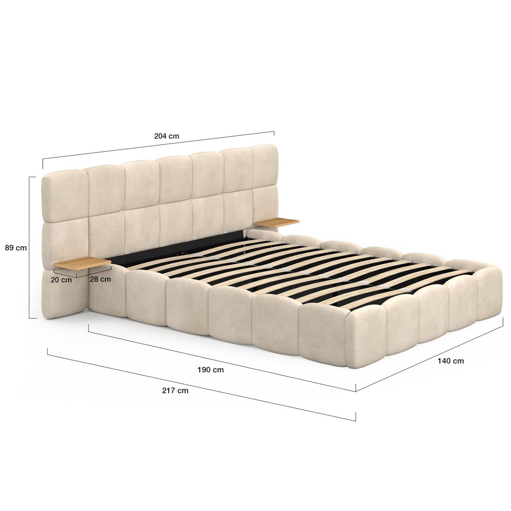 Voir la diapositive 5 : ID MARKET Lit coffre double nuage avec tête de lit matelassée + tables de chevet intégrées et sommier 140 x 190 cm velours beige