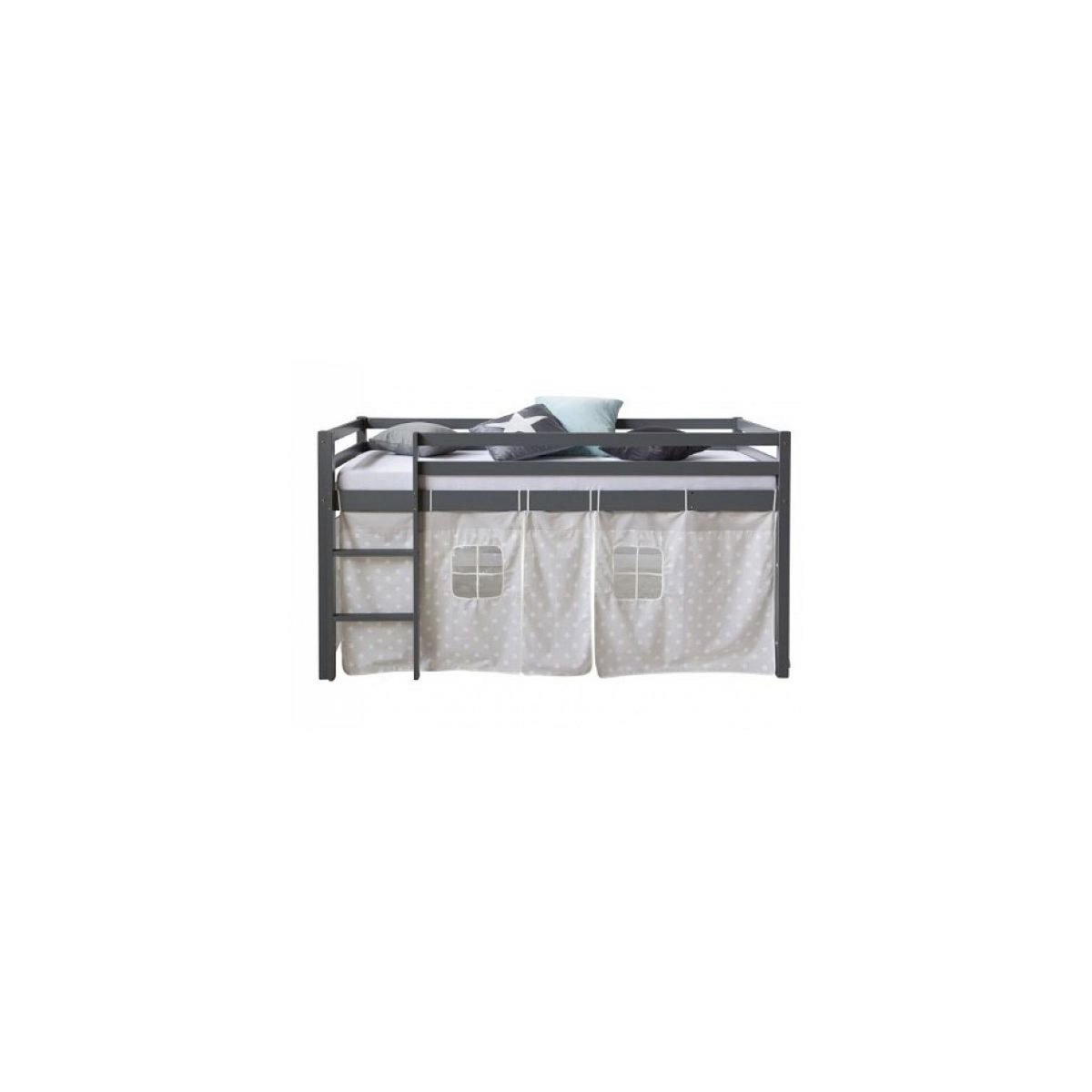 HomeStyle4U Lit mezzanine 90 x 200 cm gris pour enfants avec echelle et rideaux en tissu