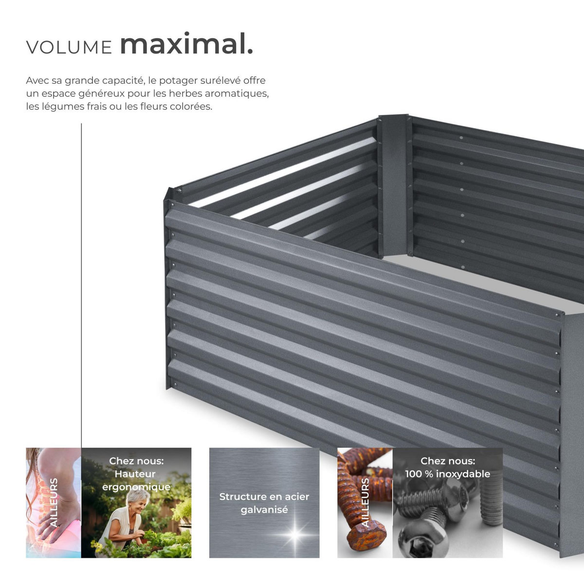 tectake Carré potager 600 L en acier galvanisé argent