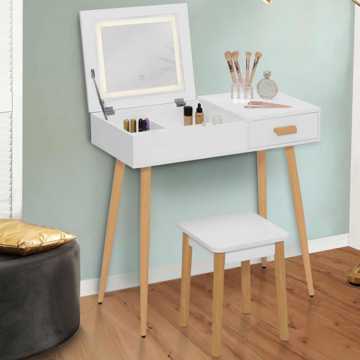 ID MARKET Coiffeuse scandinave LISA blanche miroir rabattable LED et tabouret