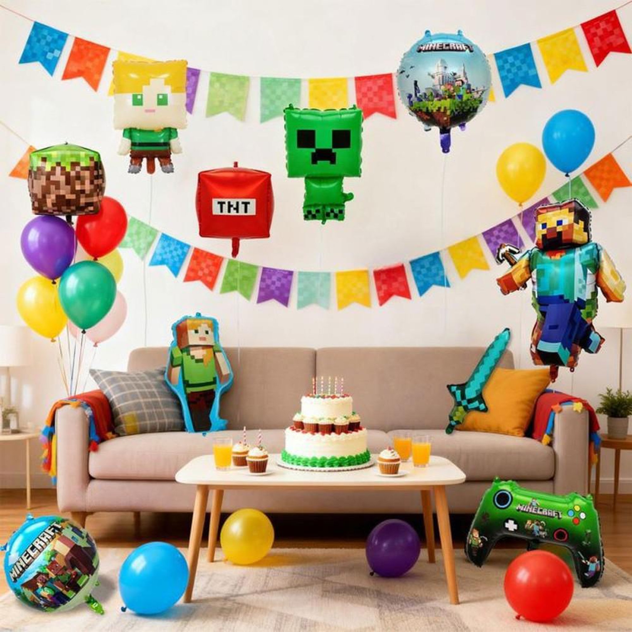 Voir la diapositive 3 : Décorations de ballons Minecraft, lot de 10 pièces pixel personnages, TNT et manette, pour anniversaire et fête enfant