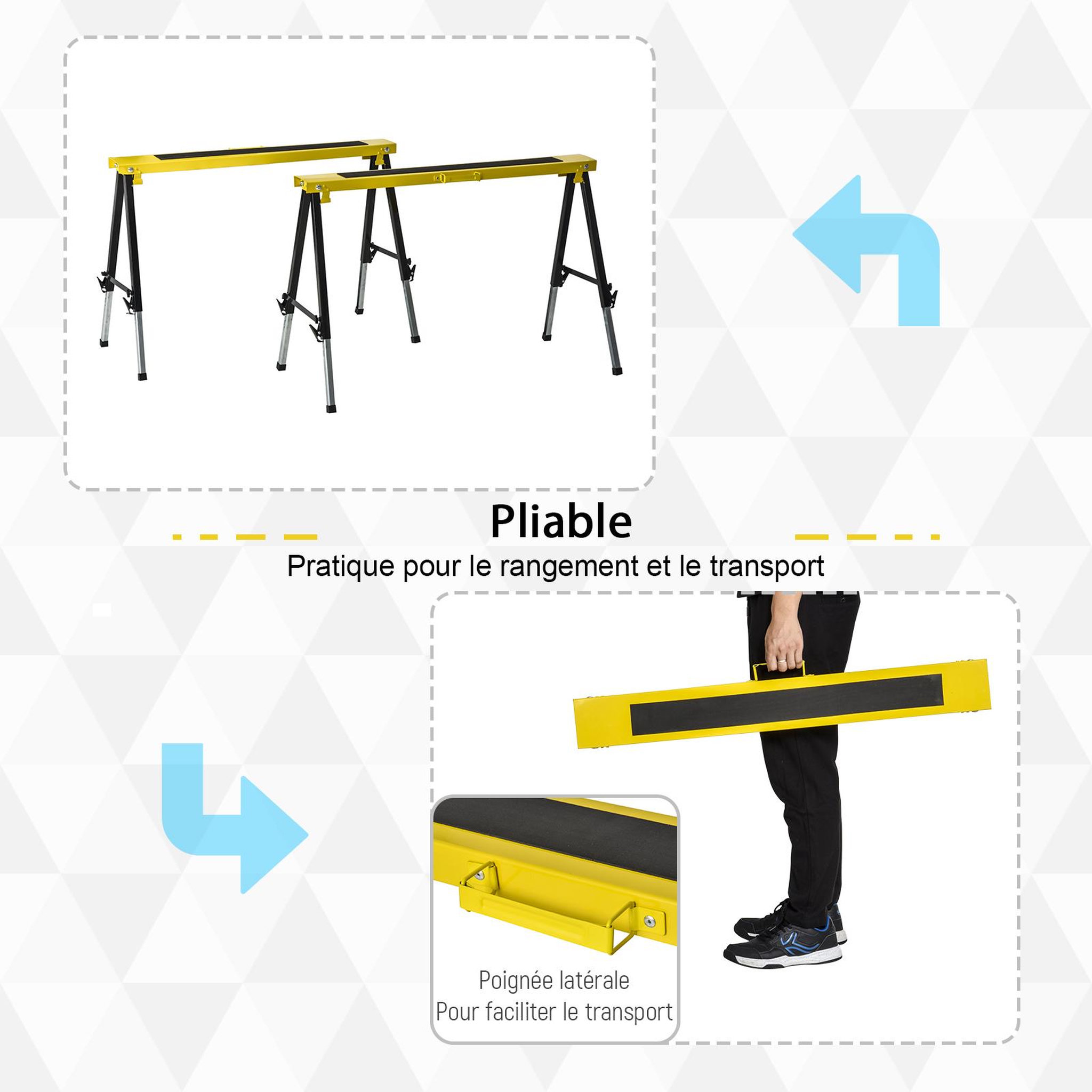 Voir la diapositive 4 : HOMCOM Lot de 2 tréteaux pliables telescopiques poignée transport dim. 100L x 49l x 62-89,5H cm surface antidérapante métal noir jaune