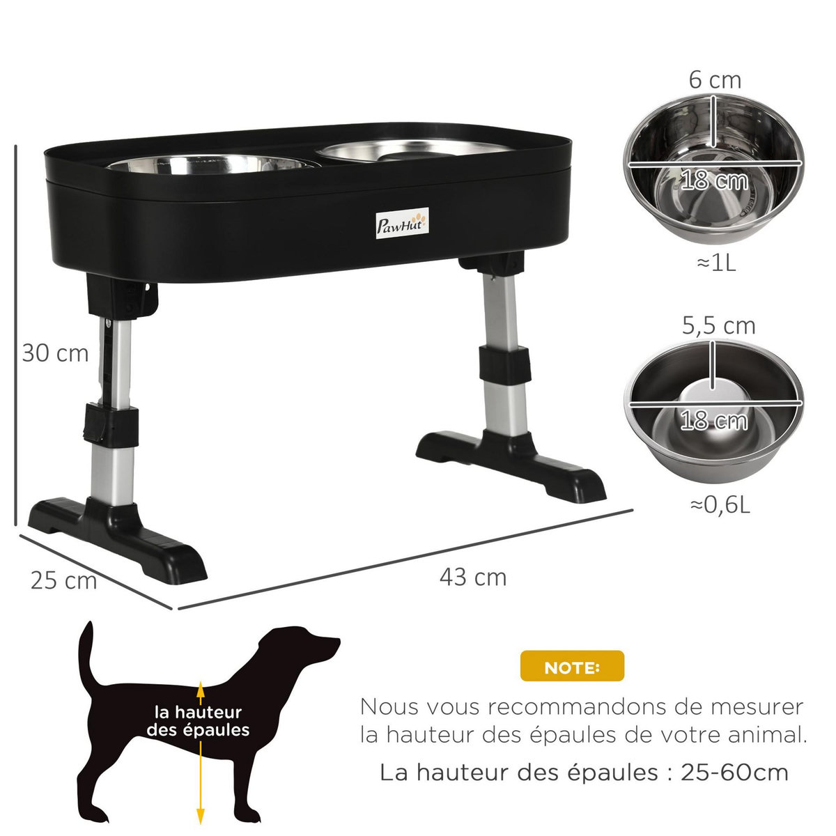 PAWHUT Porte double gamelles surélevé 2 bols acier inox. hauteur réglable - dim. 43L x 25l x 30H cm - PP noir
