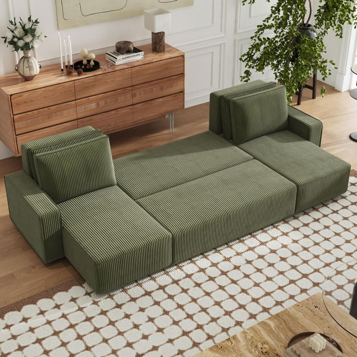 CONCEPT USINE Canapé panoramique convertible 6 places avec coffre en velours côtelé vert SALISBURY