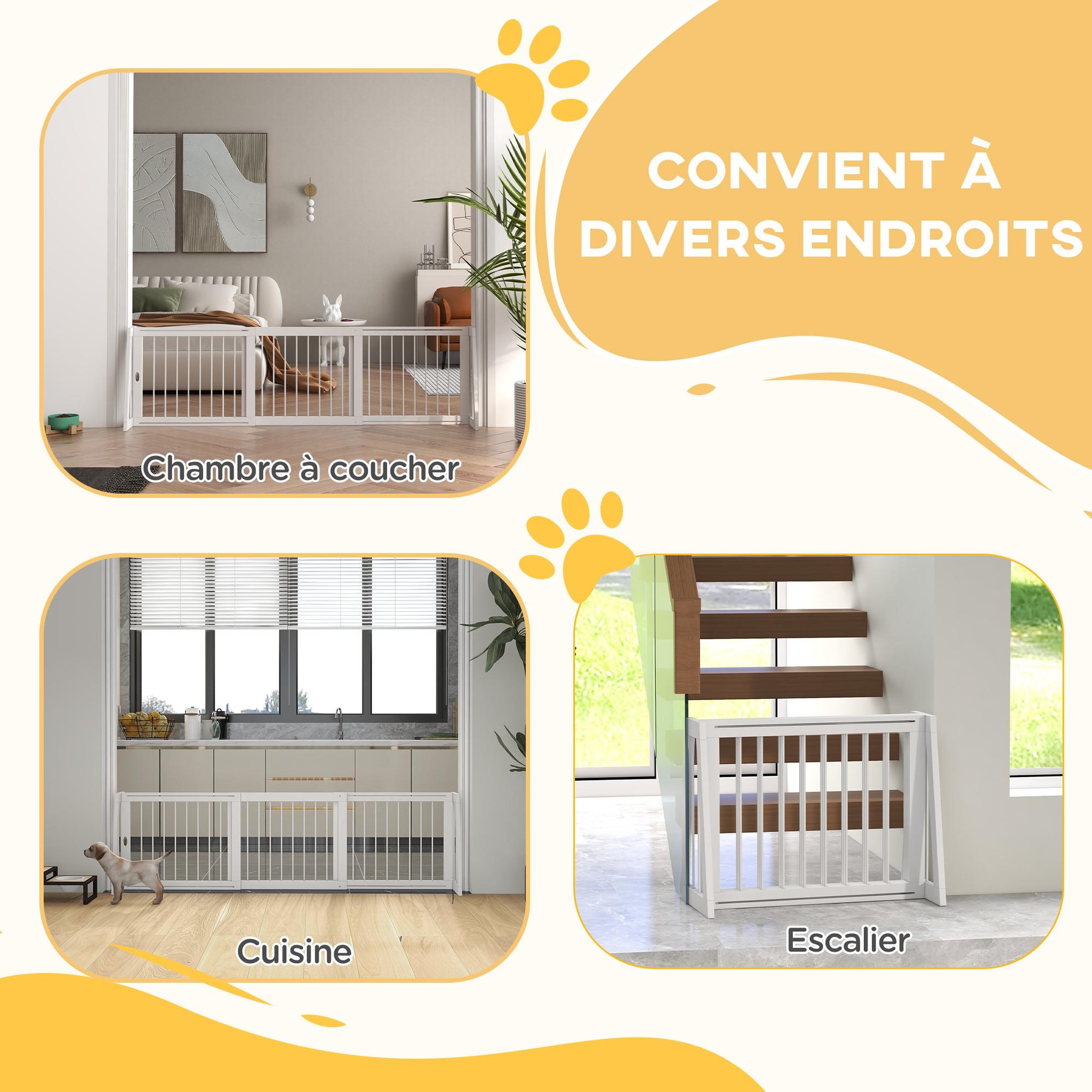 Voir la diapositive 4 : PAWHUT Barrière de sécurité chien 3 panneaux rétractable autoportante dim. 71-190l x 38,5l x 56h cm bois blanc
