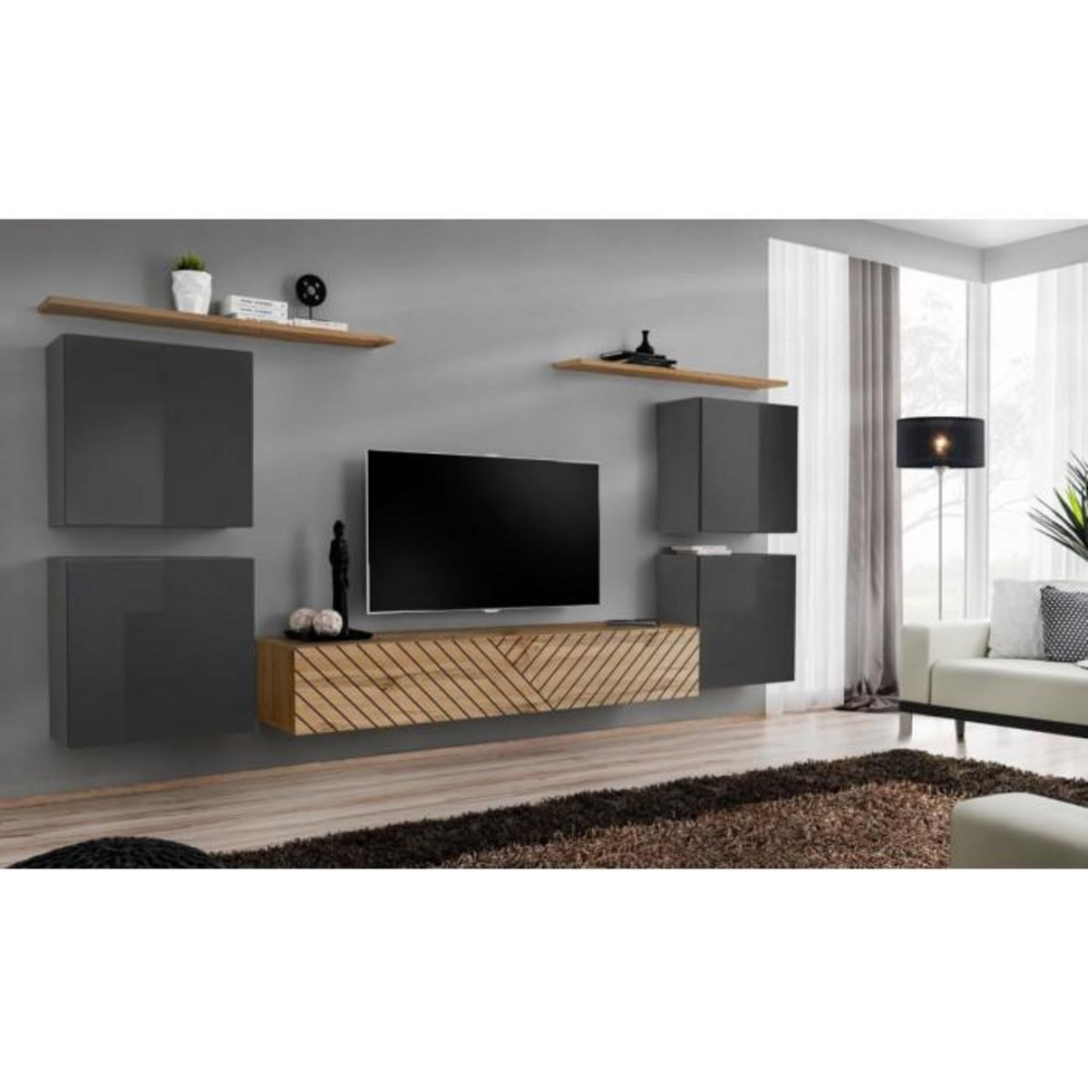 Paris Prix Ensemble Meuble TV  Switch Lamel IV  320cm Naturel & Gris