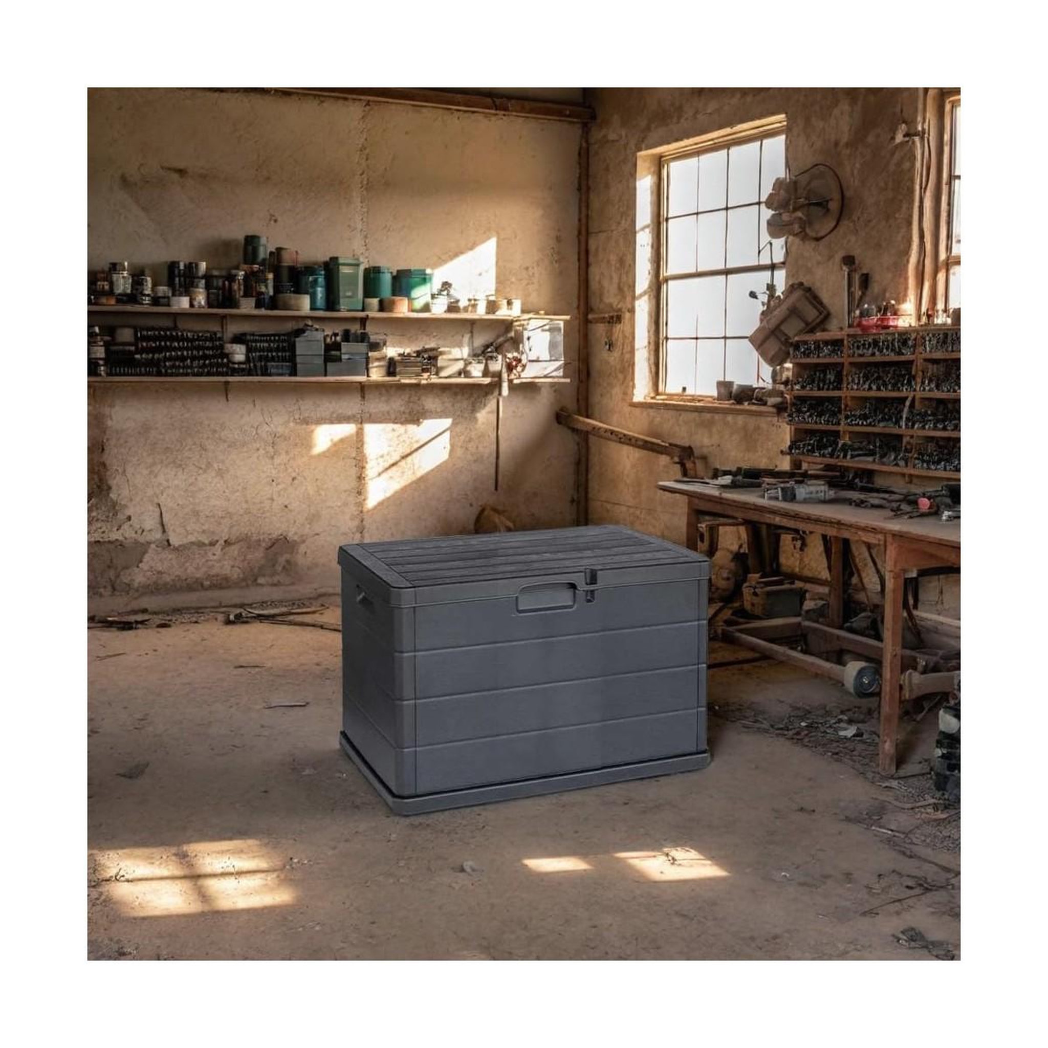 Voir la diapositive 4 : IPAE-PROGARDEN Coffre de rangement extérieur 170l - coffre de jardin anthracite dimensions 78l x 55l x 52h cm - résine - poignées de transport
