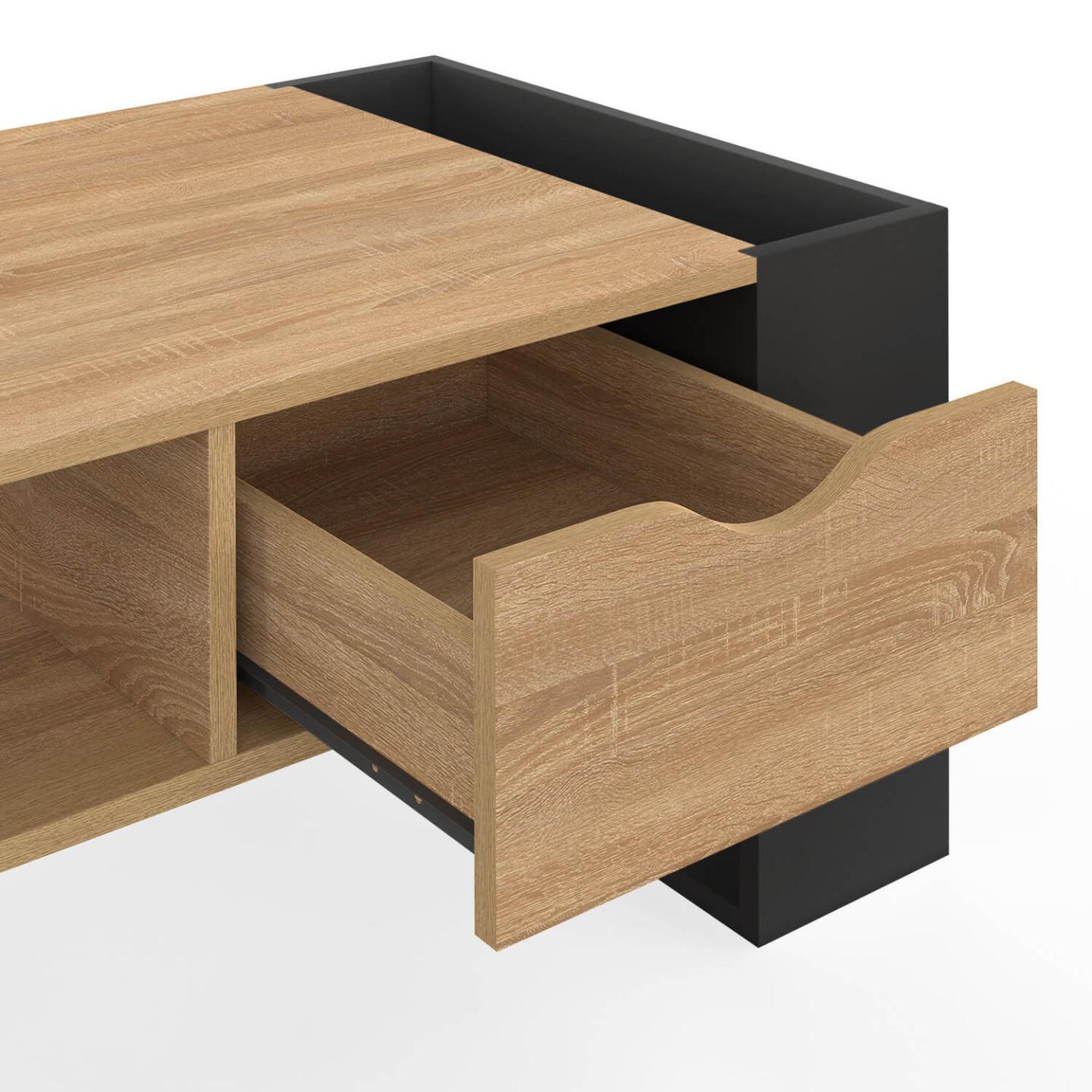 Voir la diapositive 6 : ID MARKET Table basse rectangulaire beryl avec tiroir bois noir et façon hêtre