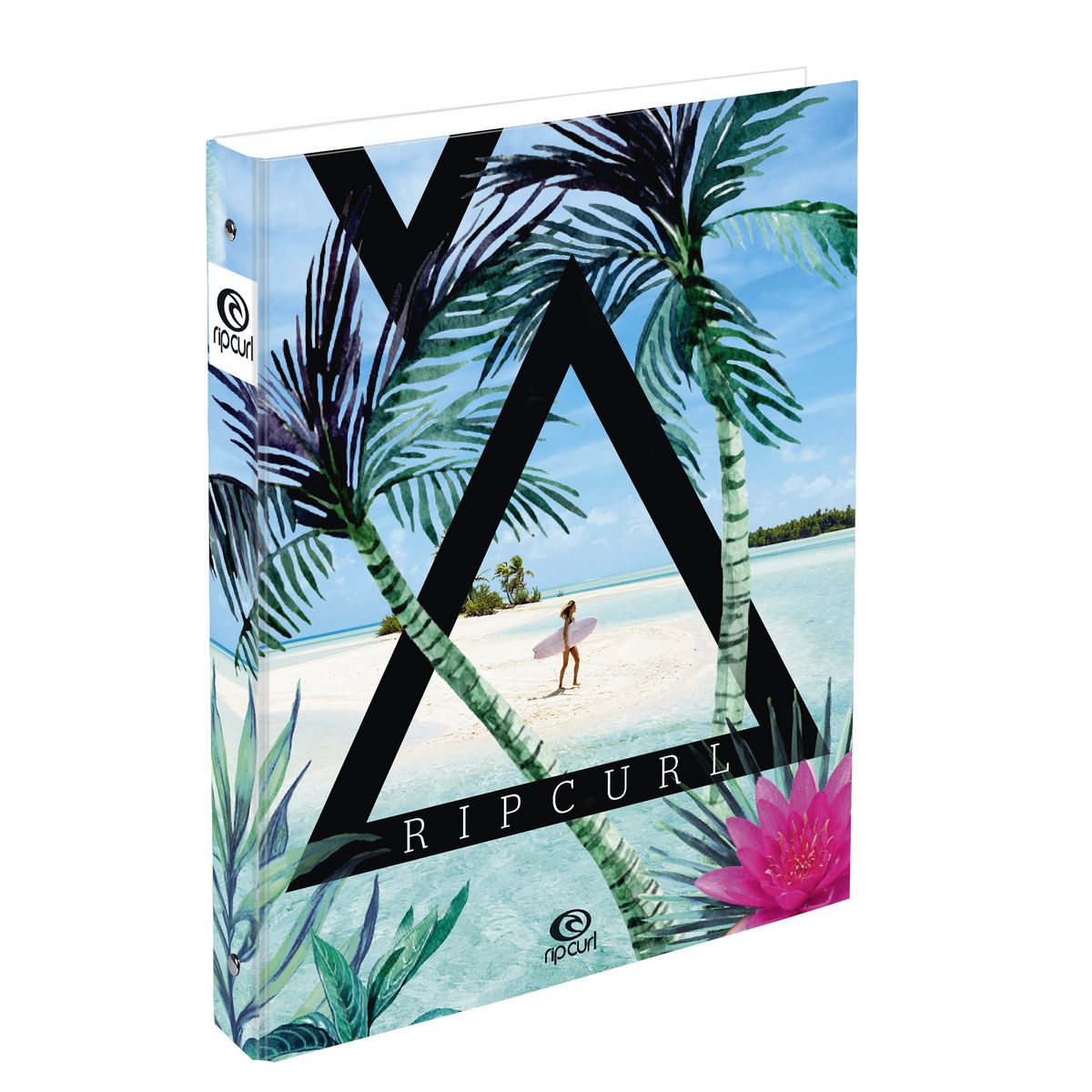 classeur dos de 40 mm 210x297 4 anneaux-diam 30-ecart 80 polypropylene opaque 7/10eme 4 visuels assortis carton presentoir rip-curl live the search oasis plage