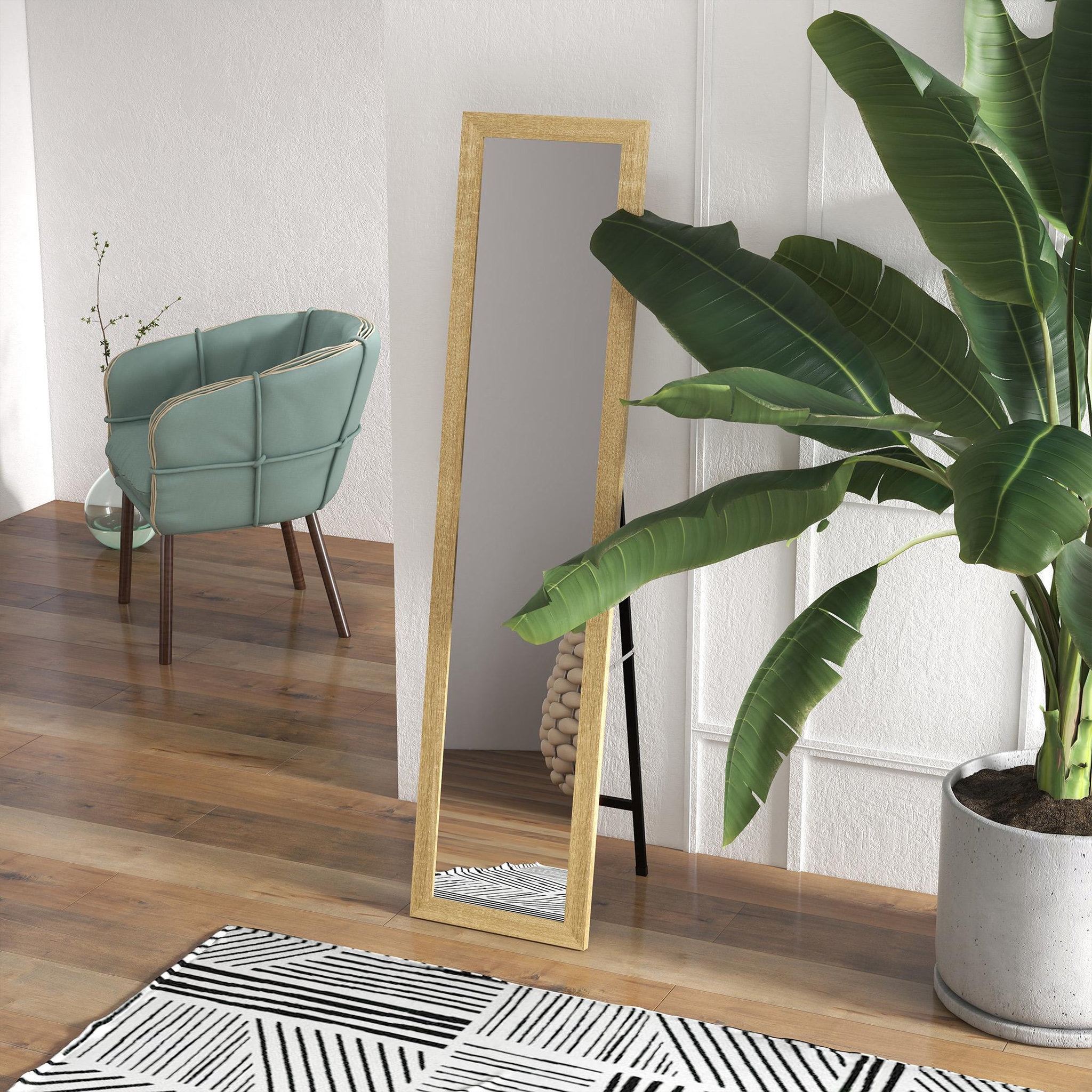 Voir la diapositive 2 : HOMCOM Miroir sur pied et mural rectangulaire dim. 37L x 40l x 157H cm piètement métal noir aspect chêne clair