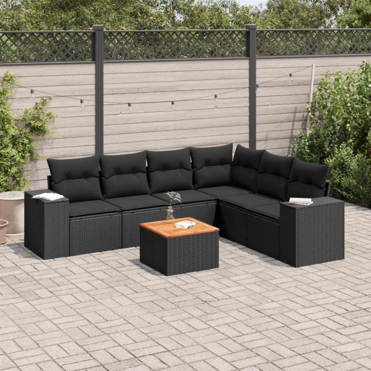 VIDAXL Salon de jardin 7 pcs avec coussins noir resine tressee