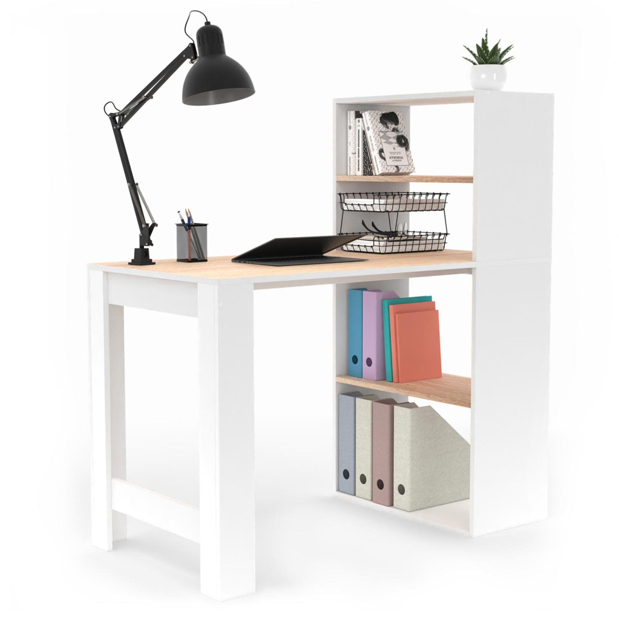 ID MARKET Bureau bibliothèque ben avec étagères blanc et façon hêtre