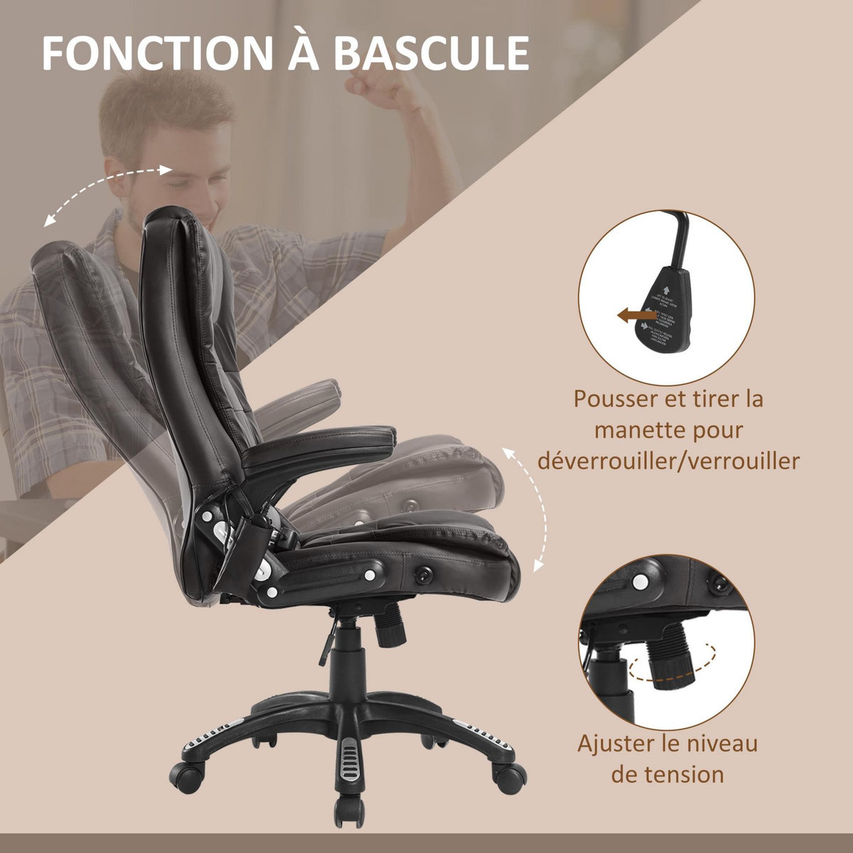 HOMCOM Fauteuil de bureau direction pivotant massant chauffant électrique revêtement synthétique chocolat