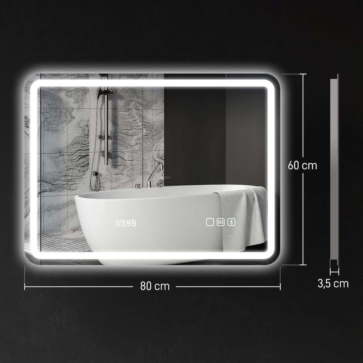 HOMCOM Miroir lumineux LED salle de bain Bluetooth 60x80cm - horloge numérique, antibuée, tactile, réglable - verre trempé 4 mm