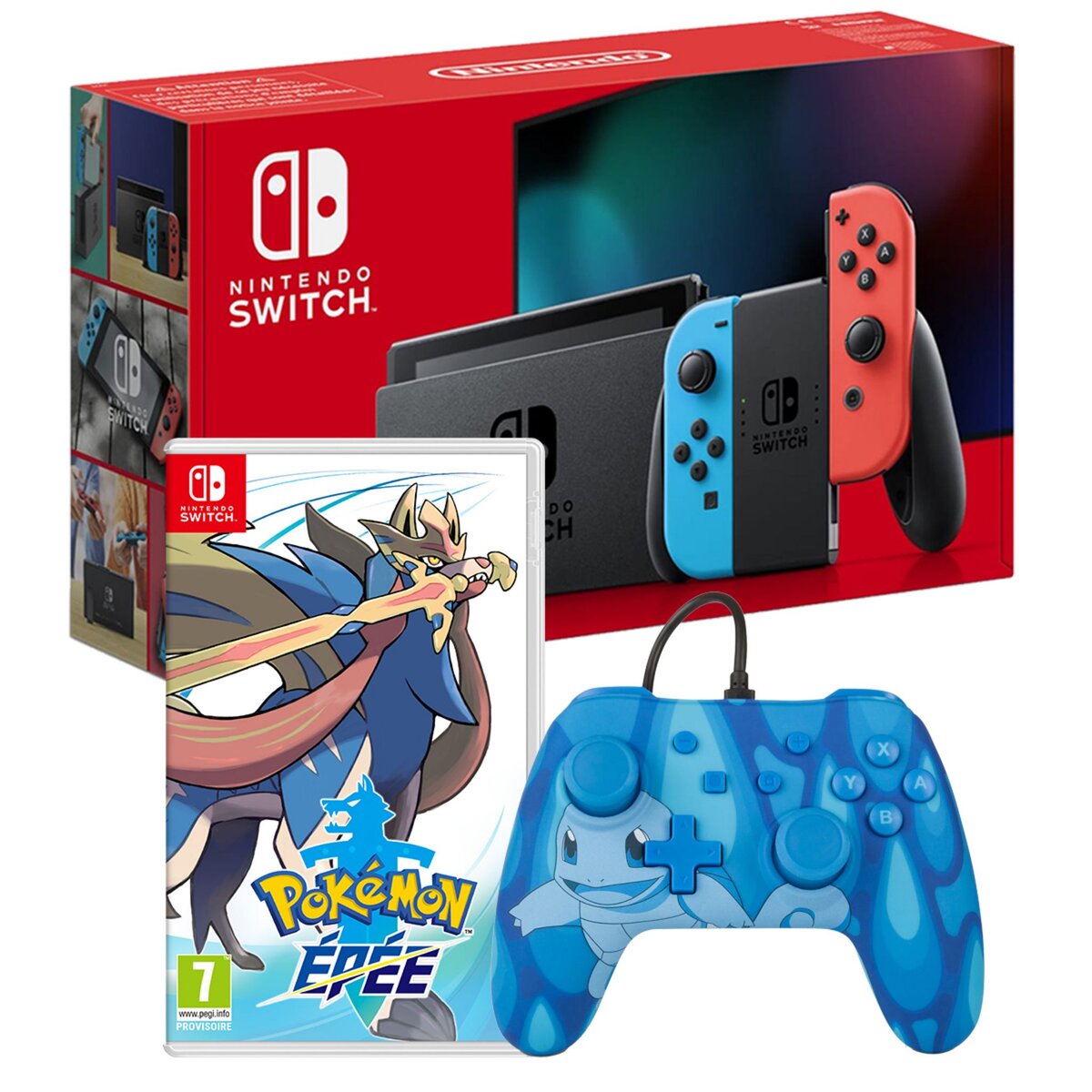 NINTENDO Console Nintendo Switch Joy-Con Bleu et Rouge + Pokémon Épée + Manette Filaire Carapuce Nintendo Switch