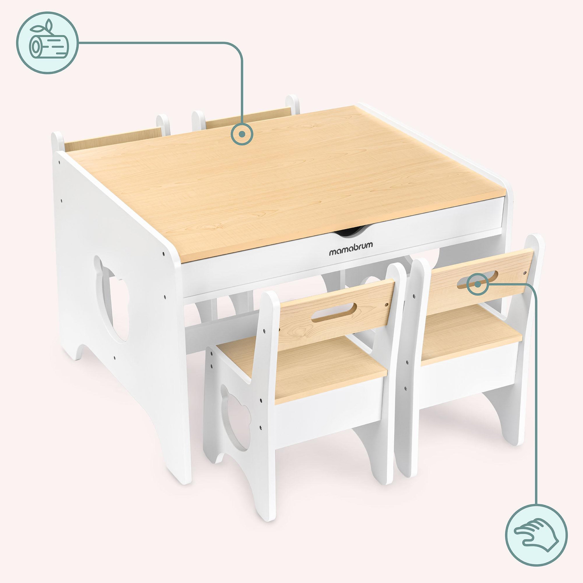 Voir la diapositive 4 : MAMABRUM Ensemble table et 4 chaises Mamabrum blanc et bois avec tiroirs et motifs oursons
