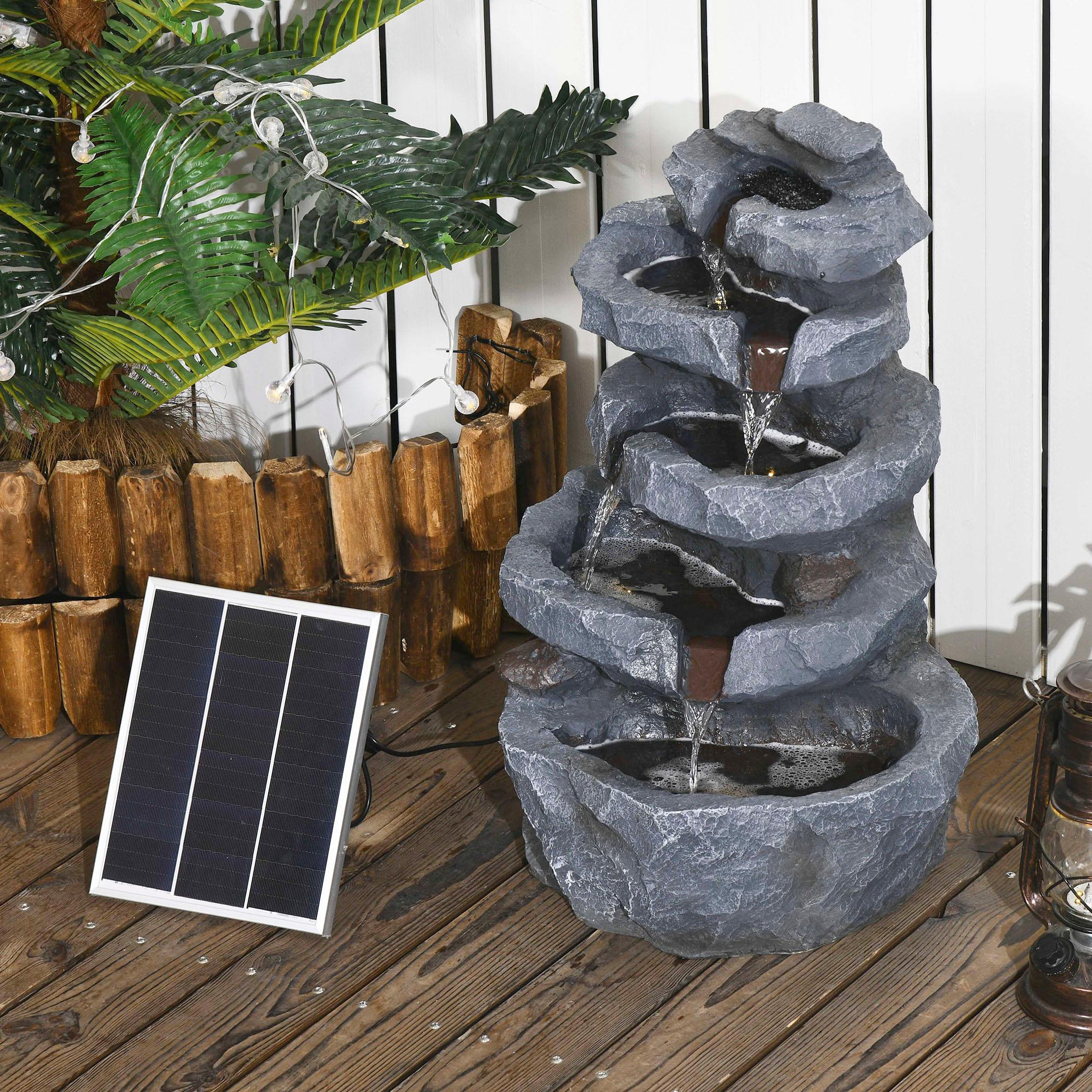 Voir la diapositive 2 : OUTSUNNY Fontaine de jardin à énergie solaire - fontaine roche cascade 5 niv. LED pompe incluse - résine gris