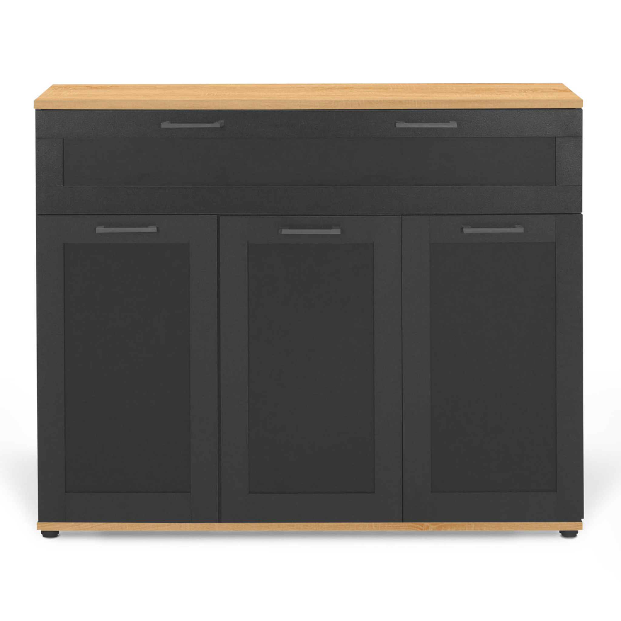 Voir la diapositive 3 : ID MARKET Buffet 100 cm vito 3 portes et 1 tiroir noir et plateau bois