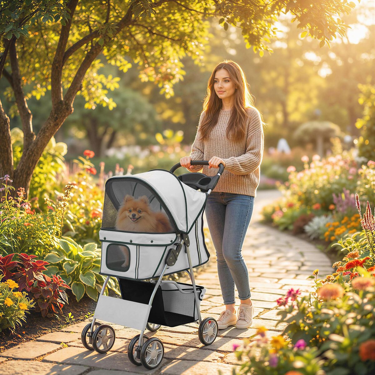 PAWHUT Poussette buggy pliable pour chiens tissu 600D Oxford imperméable 4 roues gris clair