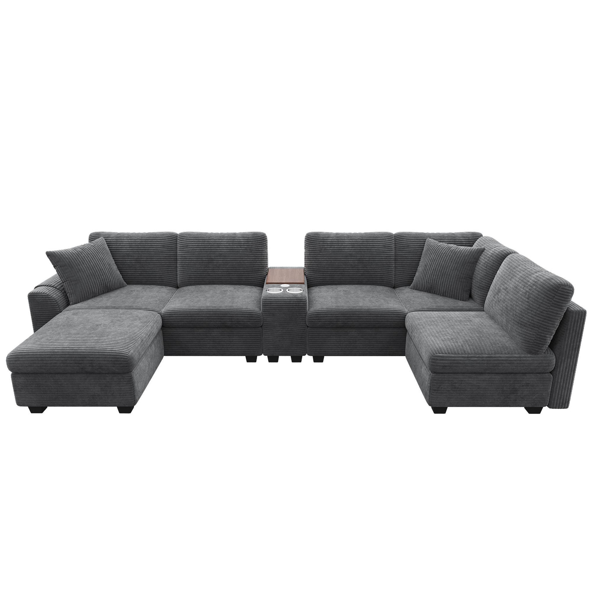 MERAX Canapé d'angle modulable u/l 6 places avec console usb tissu côtelé. Coloris disponibles : Gris, Beige