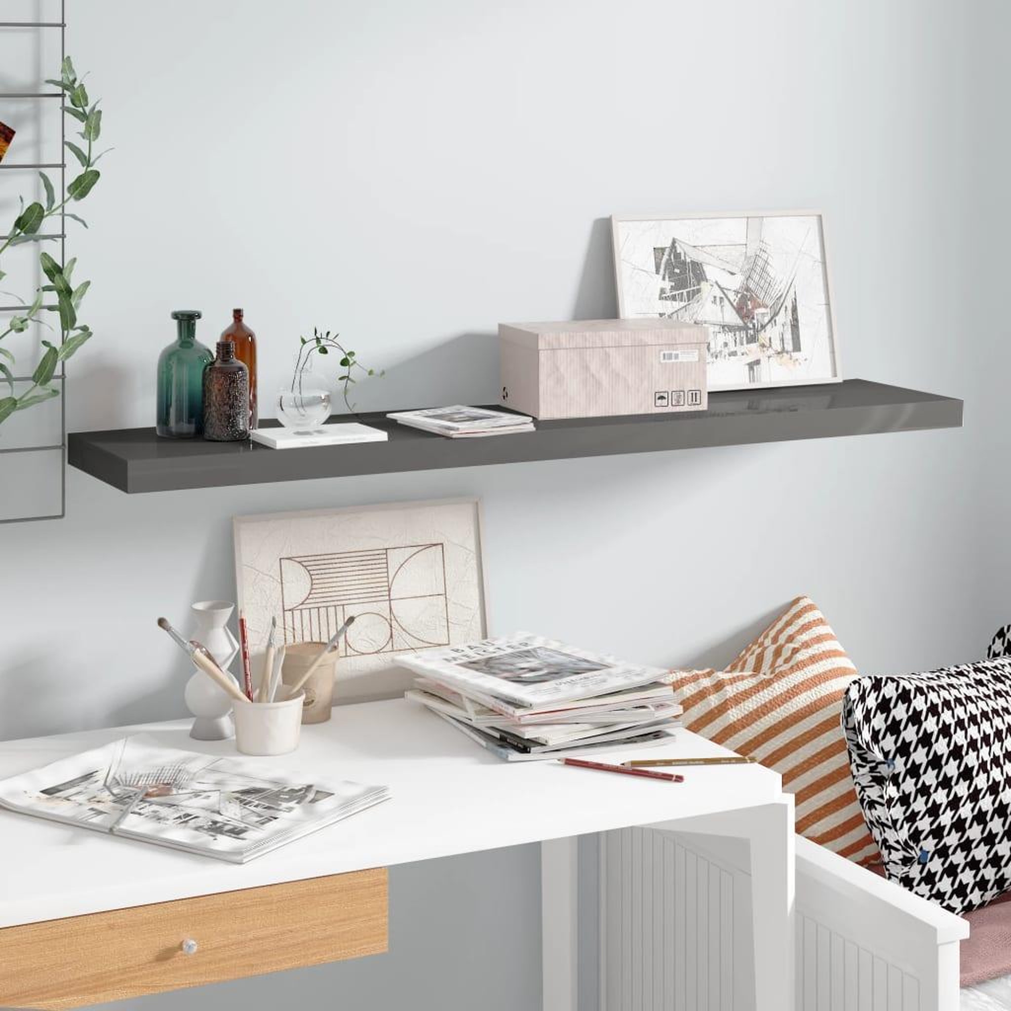 Voir la diapositive 1 : VIDAXL Etagere murale flottante Gris brillant 120x23,5x3,8 cm MDF