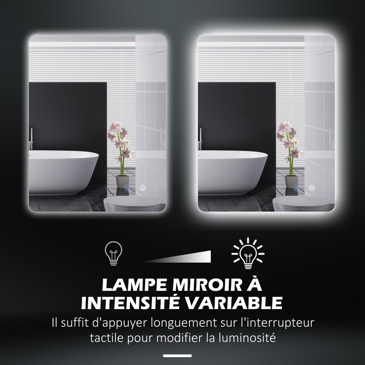 KLEANKIN Miroir rectangulaire mural lumineux LED de salle de bain - 70 x 50 cm - avec 3 couleurs, luminosité réglable interrupteur tactile système antibuée blanc transparent