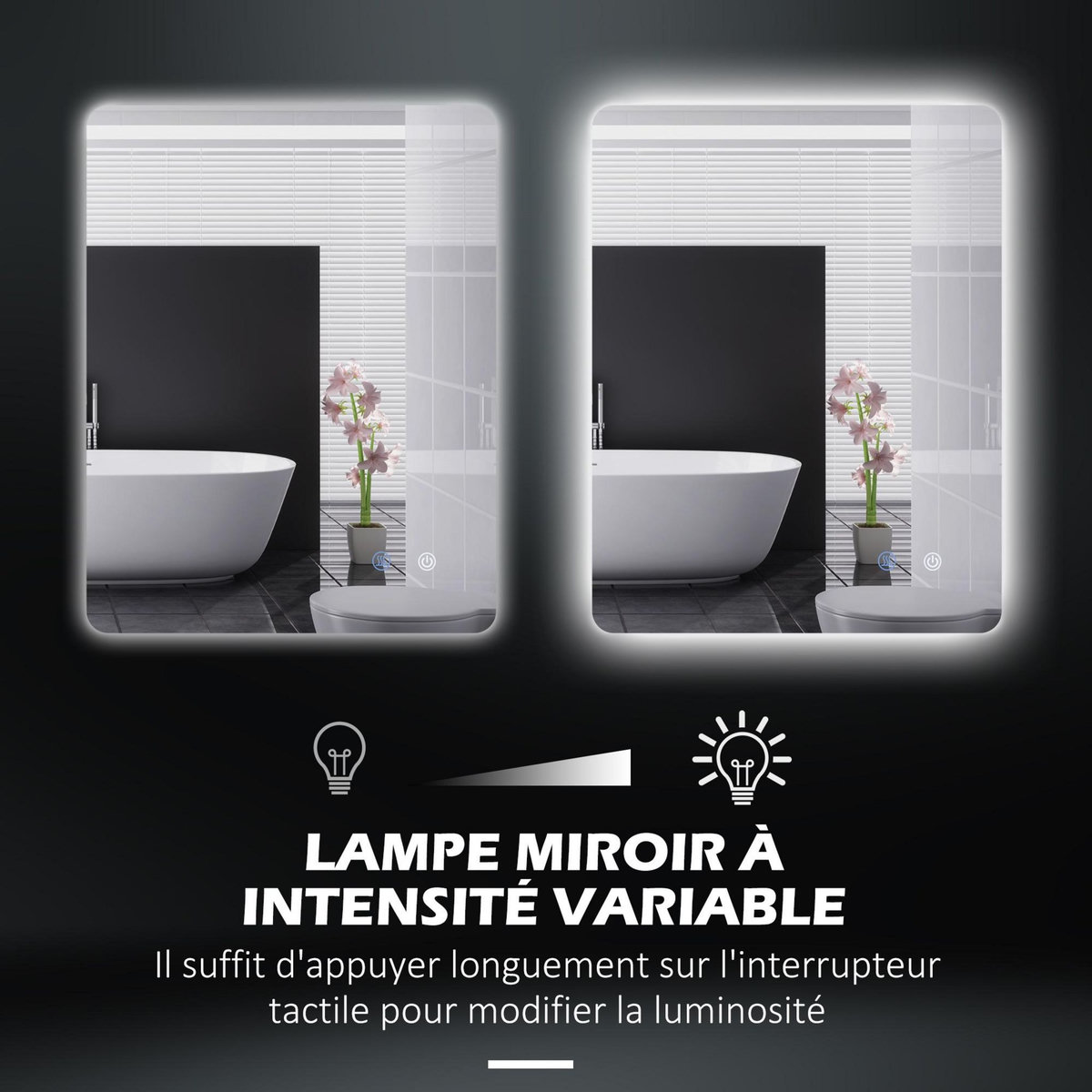 KLEANKIN Miroir rectangulaire mural lumineux LED de salle de bain - 70 x 50 cm - avec 3 couleurs, luminosité réglable interrupteur tactile système antibuée blanc transparent